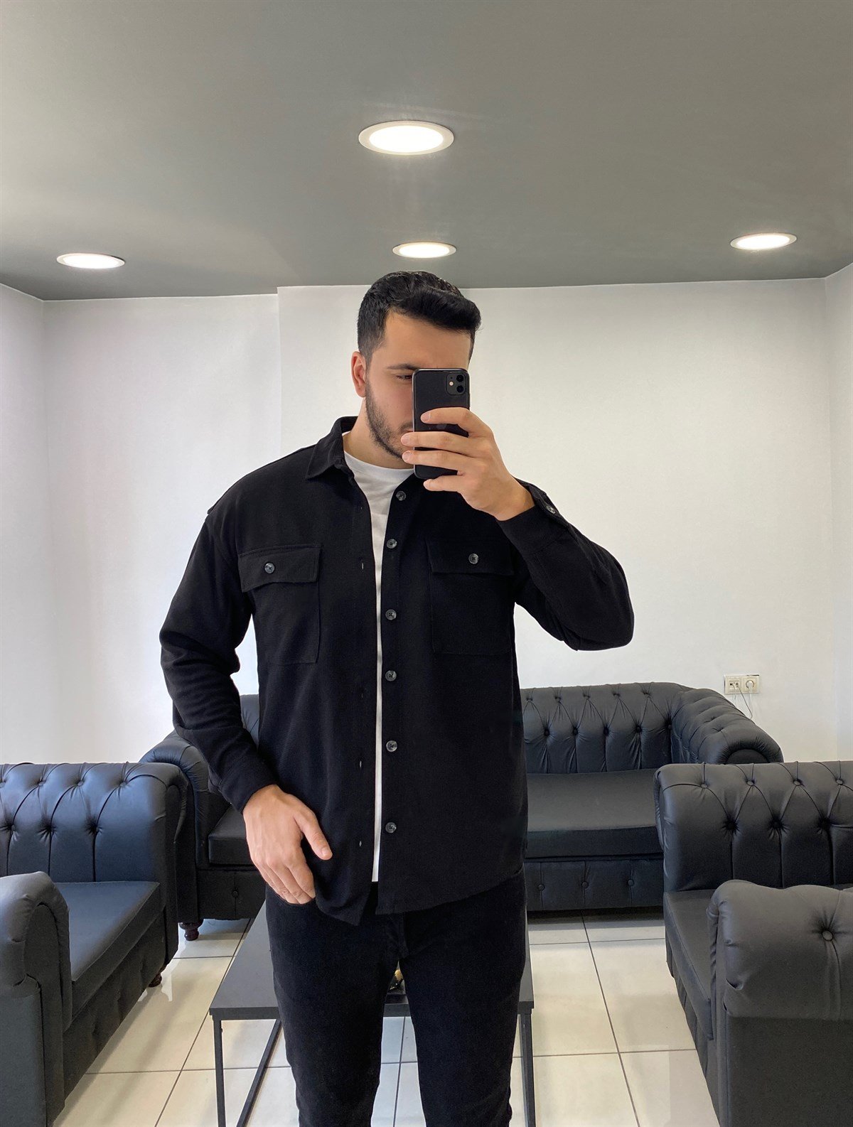 Cepli Siyah Oversize Ceket Gömlek