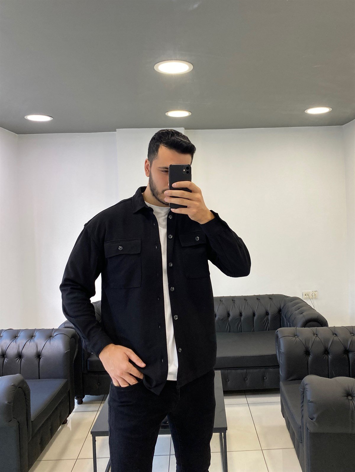 Cepli Siyah Oversize Ceket Gömlek