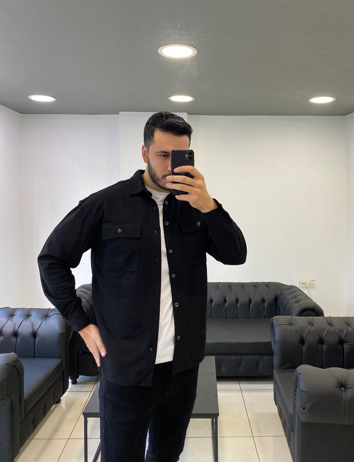 Cepli Siyah Oversize Ceket Gömlek