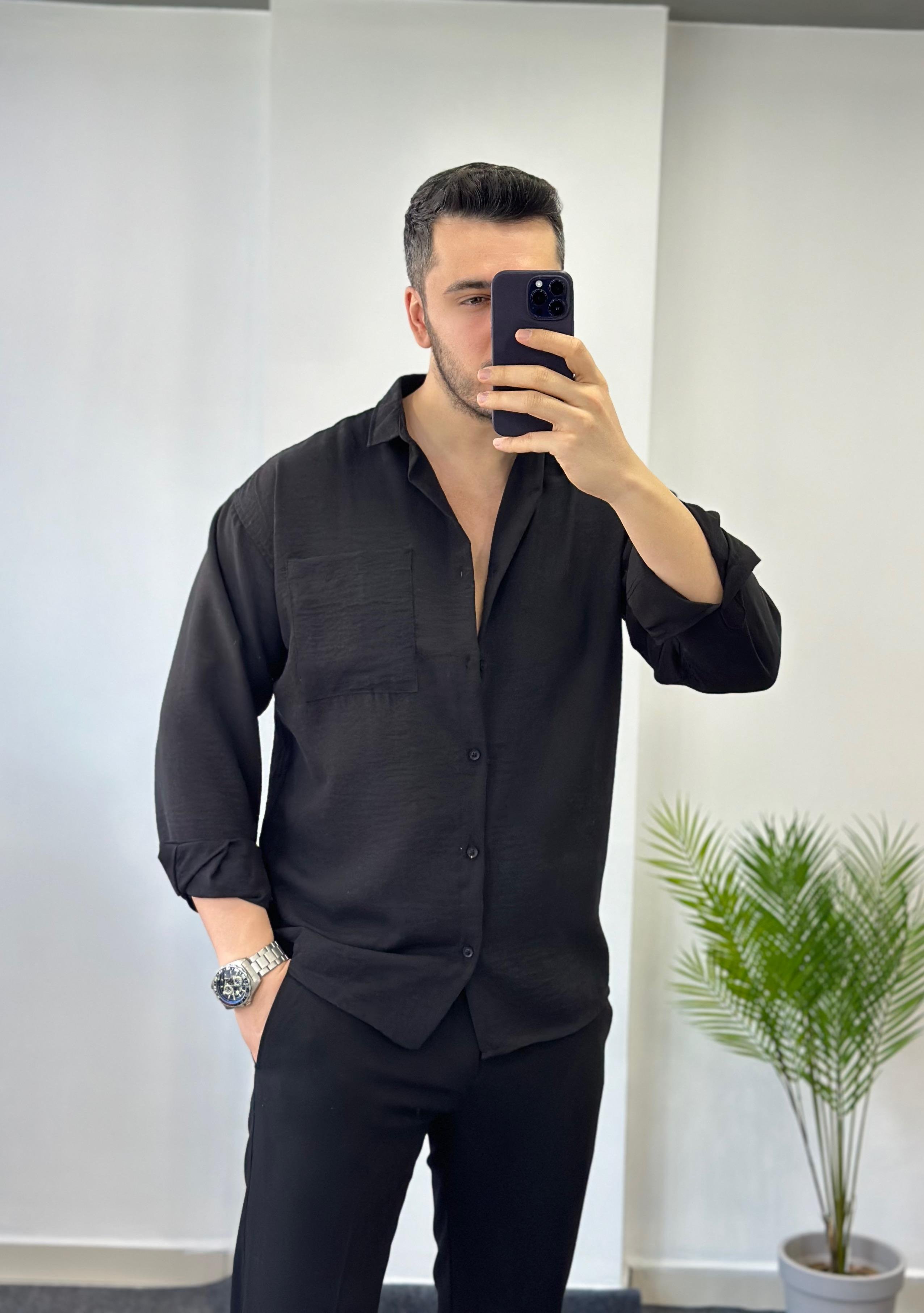 Cepli Siyah Oversize Keten Gömlek