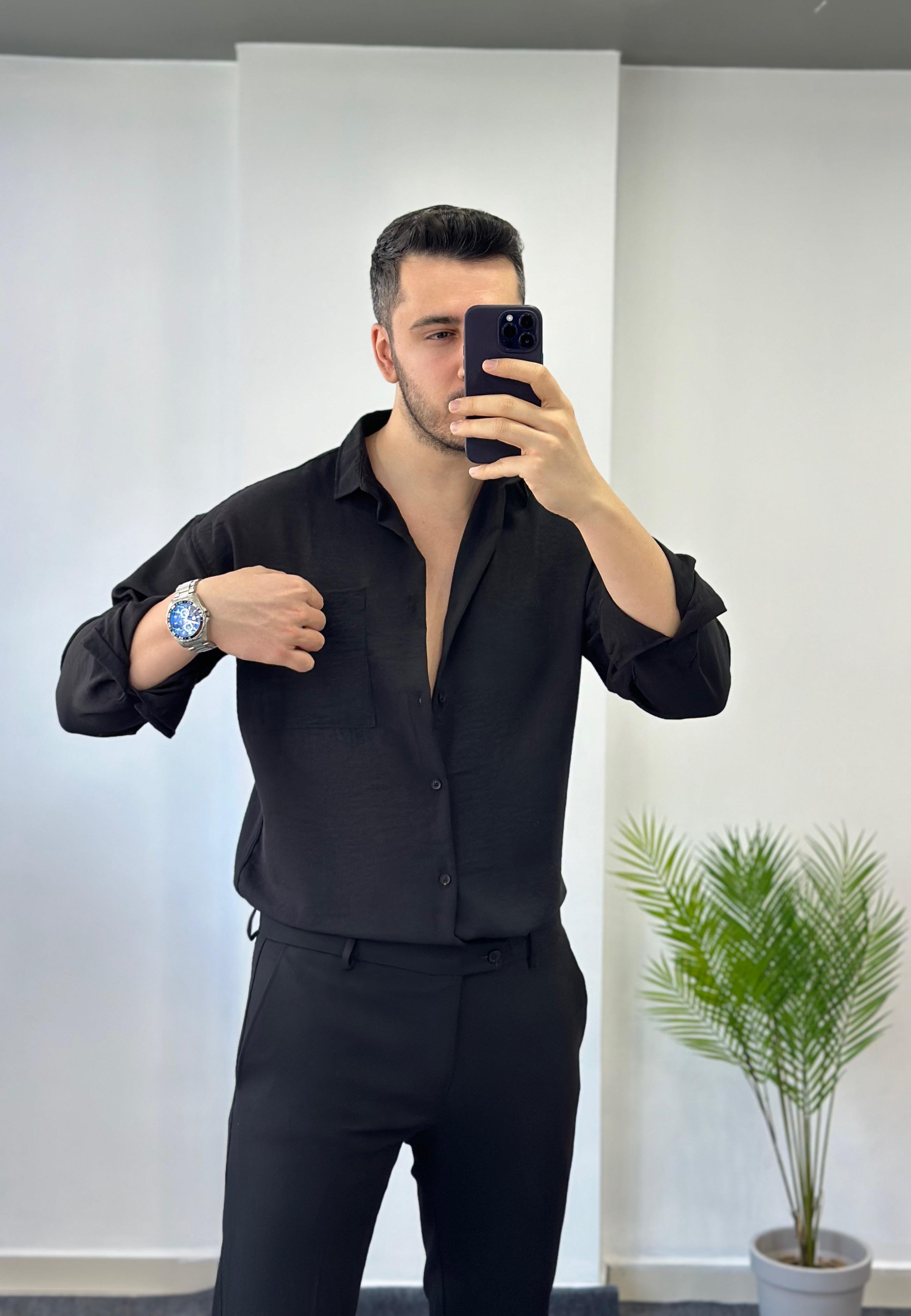 Cepli Siyah Oversize Keten Gömlek
