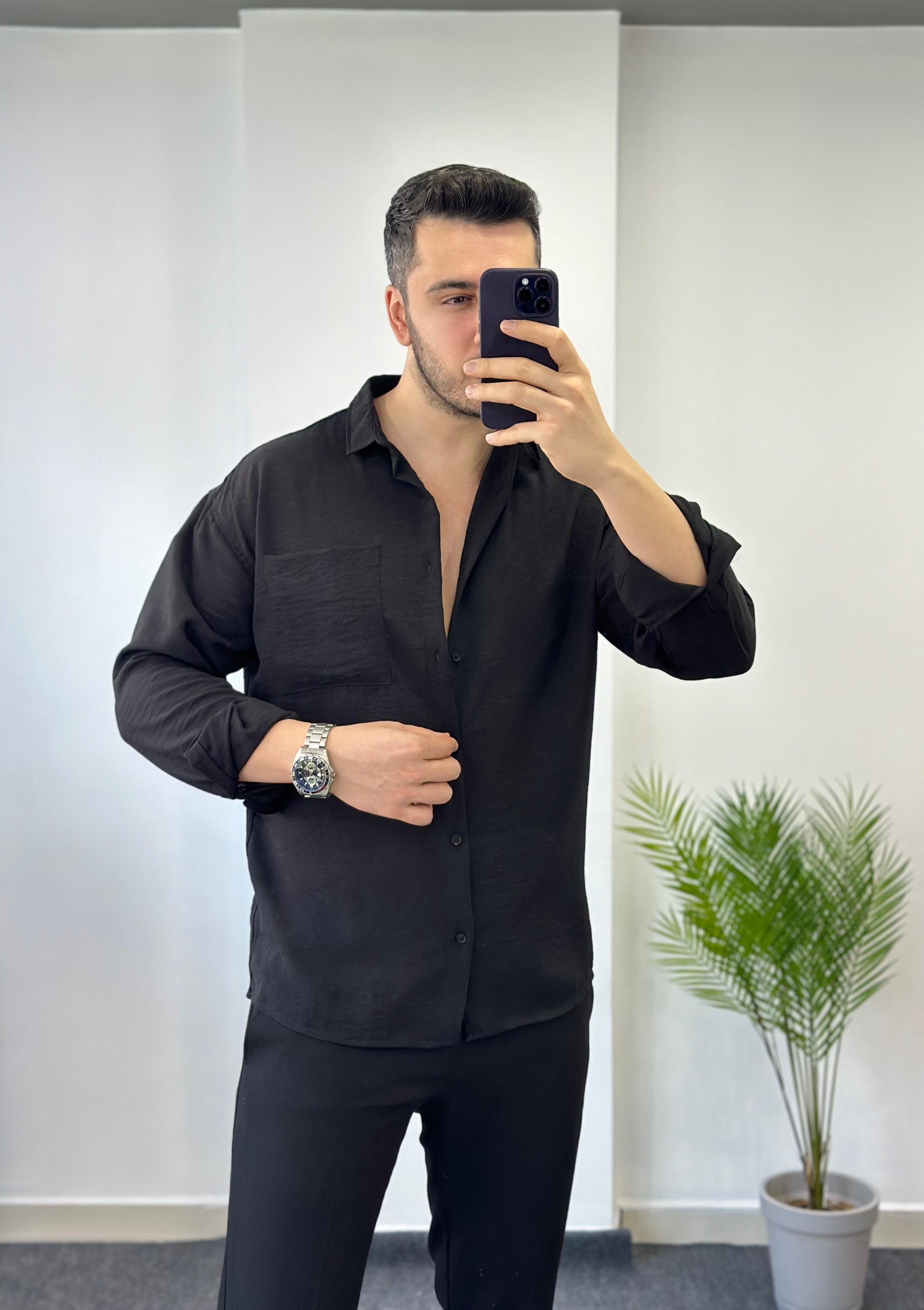 Cepli Siyah Oversize Keten Gömlek