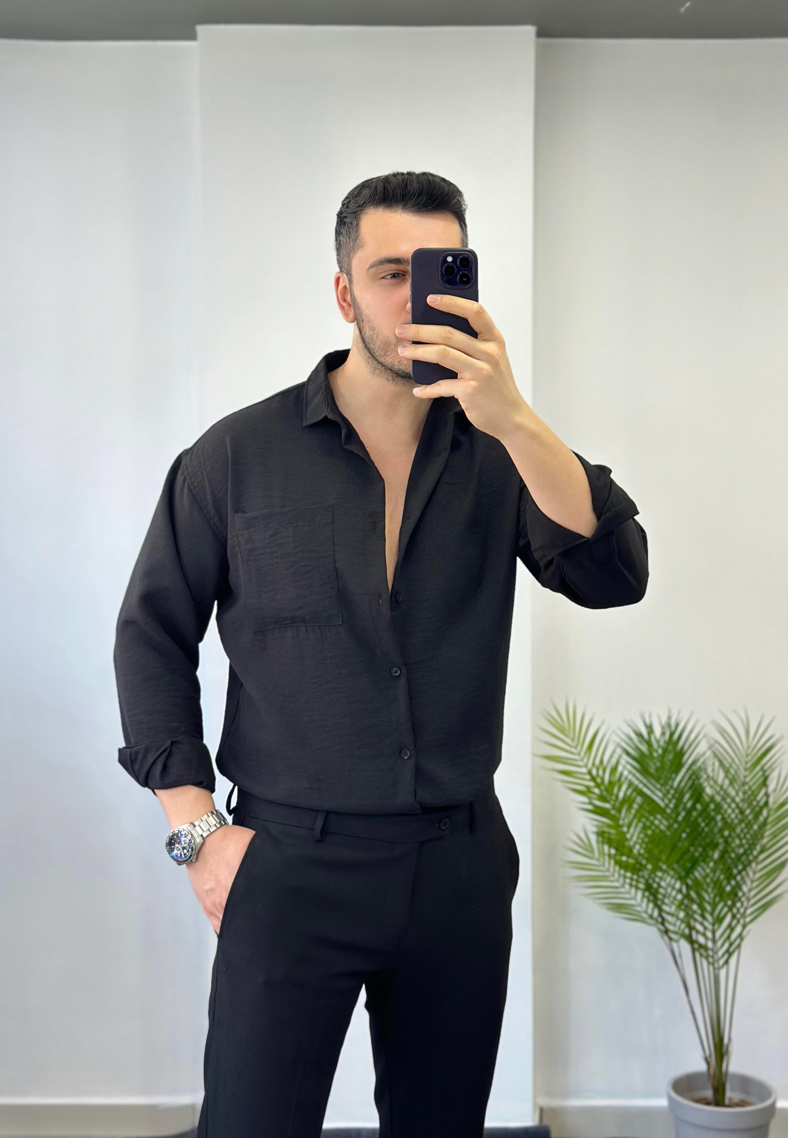 Cepli Siyah Oversize Keten Gömlek