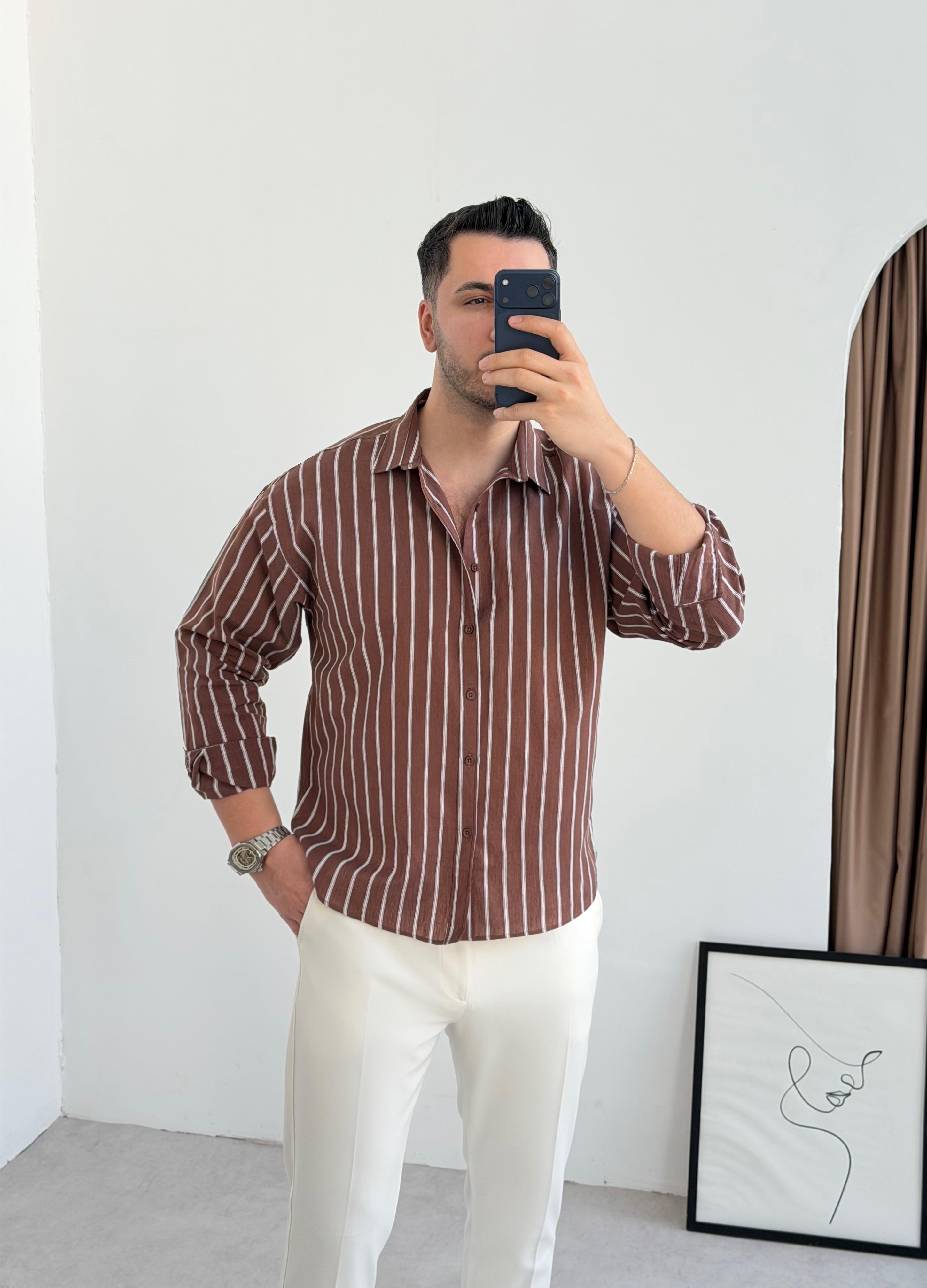 Clean Kahve Çizgili Oversize Keten Gömlek