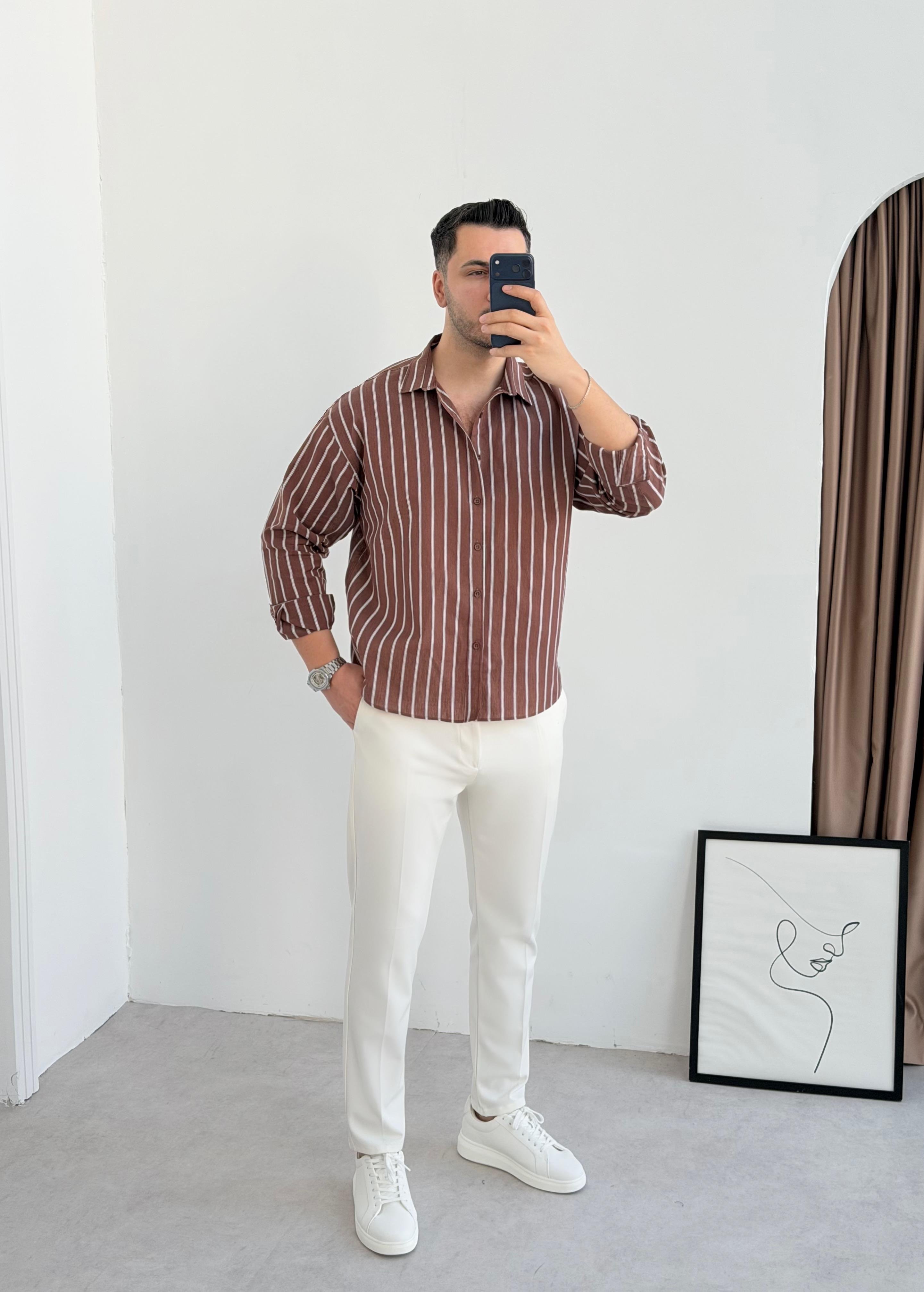 Clean Kahve Çizgili Oversize Keten Gömlek