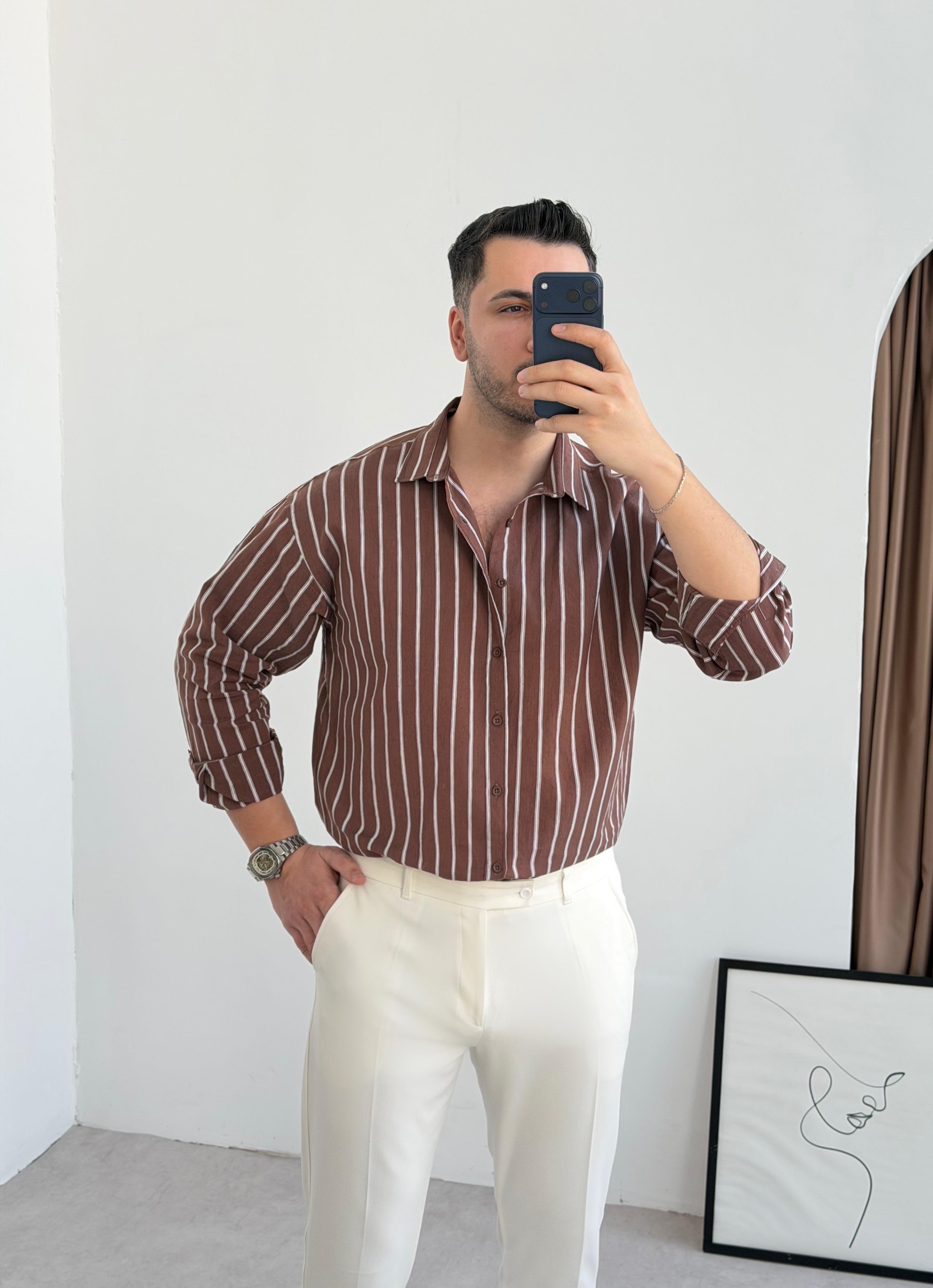 Clean Kahve Çizgili Oversize Keten Gömlek