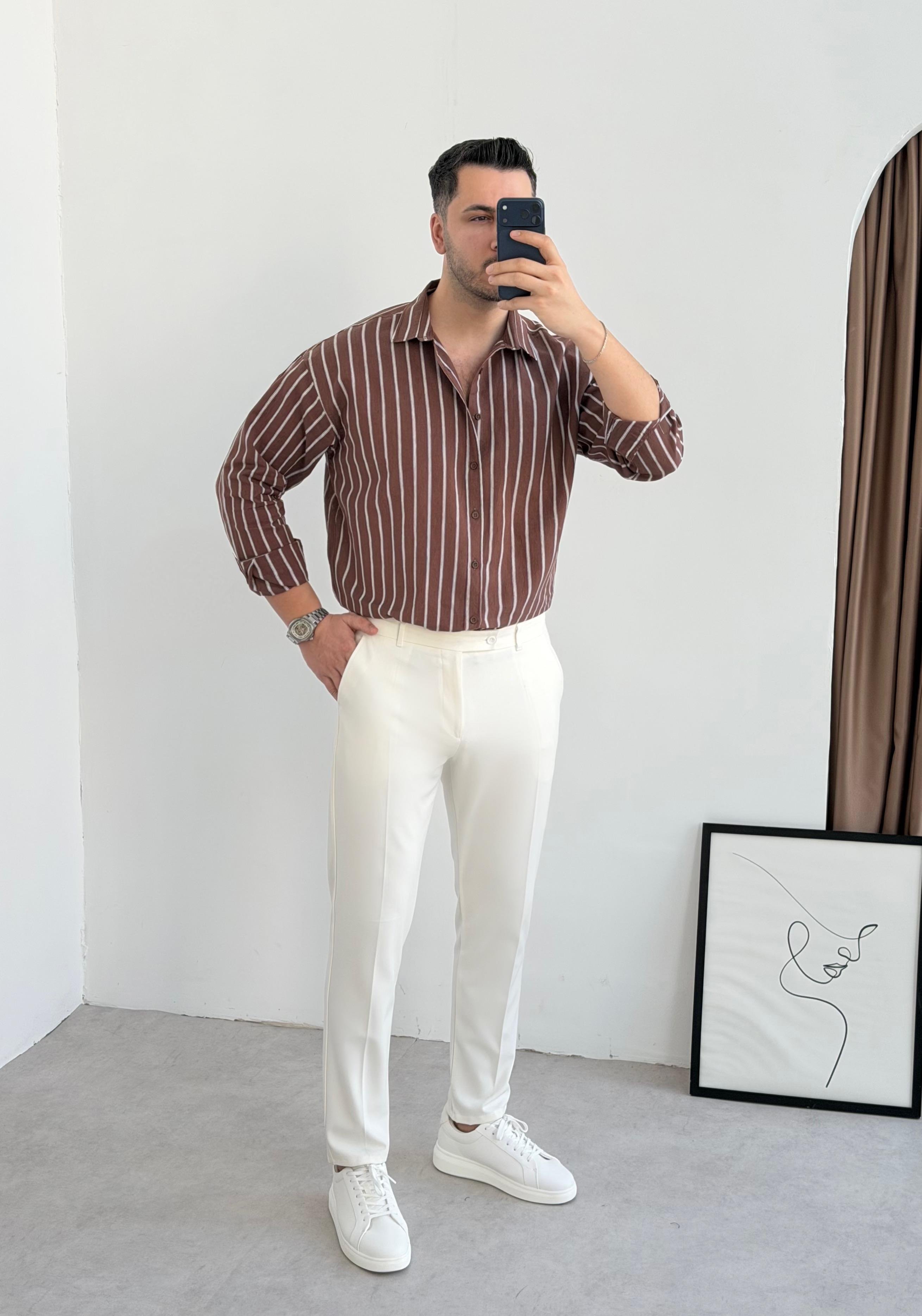 Clean Kahve Çizgili Oversize Keten Gömlek