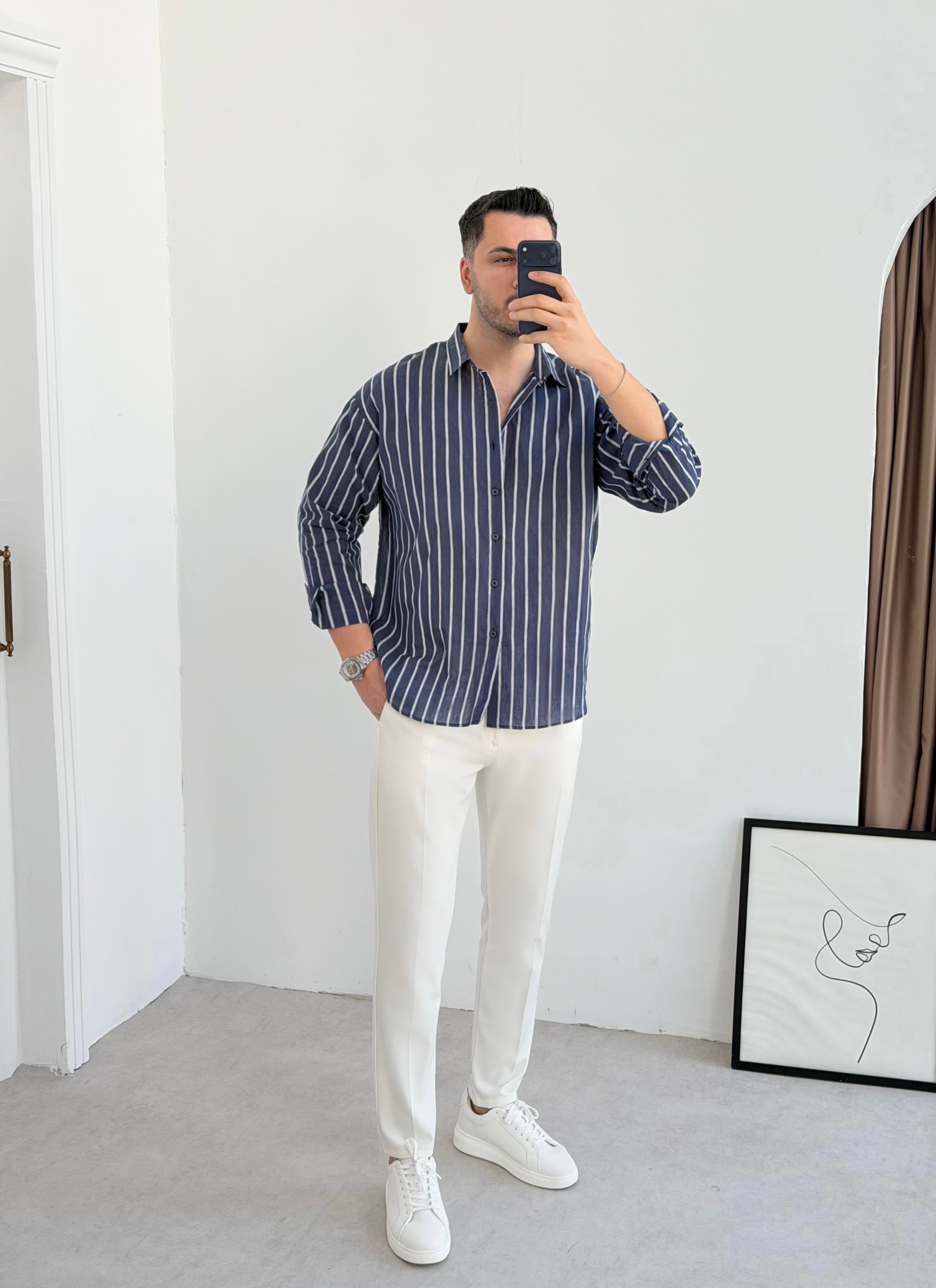 Clean Lacivert Çizgili Oversize Keten Gömlek