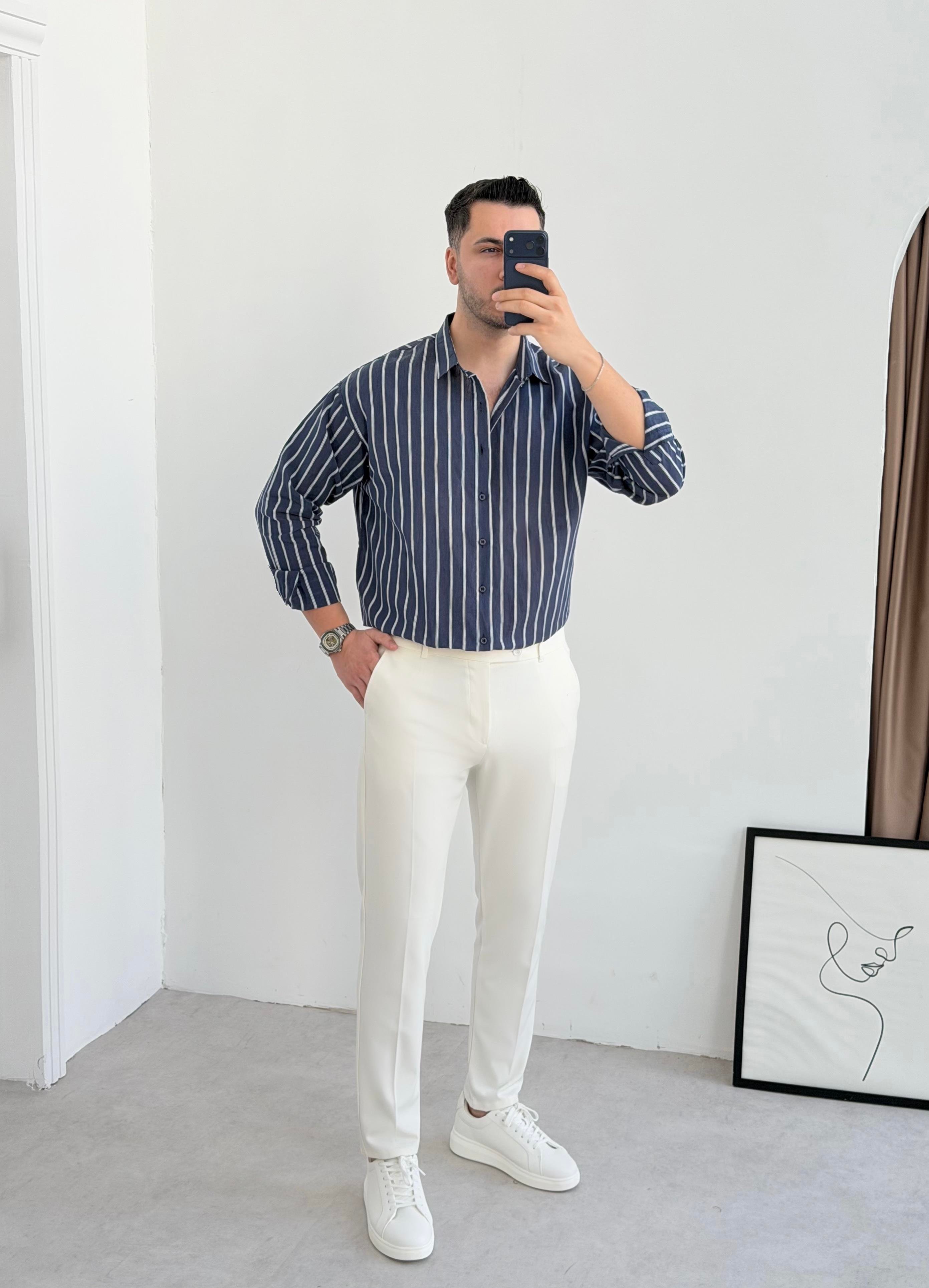 Clean Lacivert Çizgili Oversize Keten Gömlek