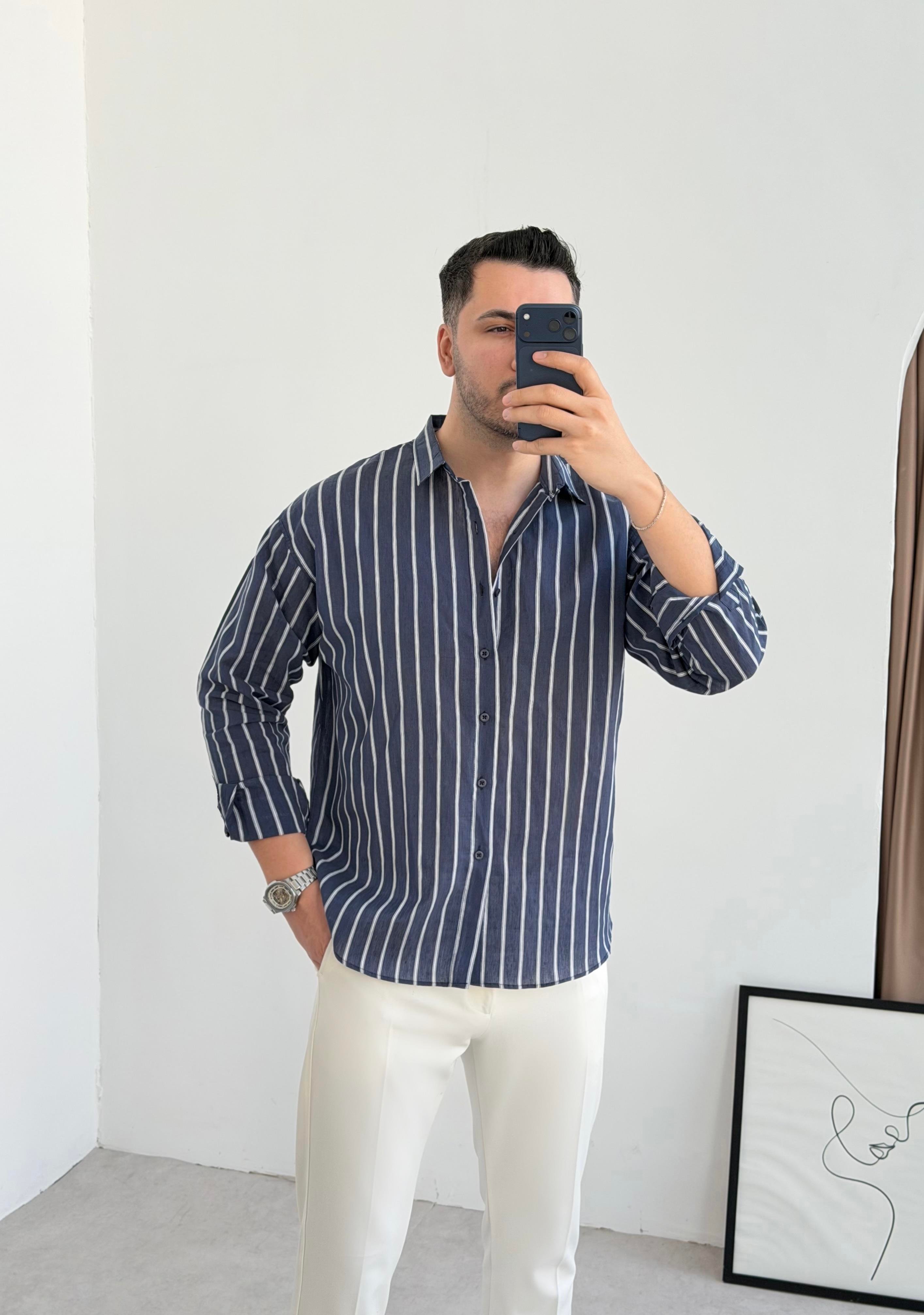 Clean Lacivert Çizgili Oversize Keten Gömlek