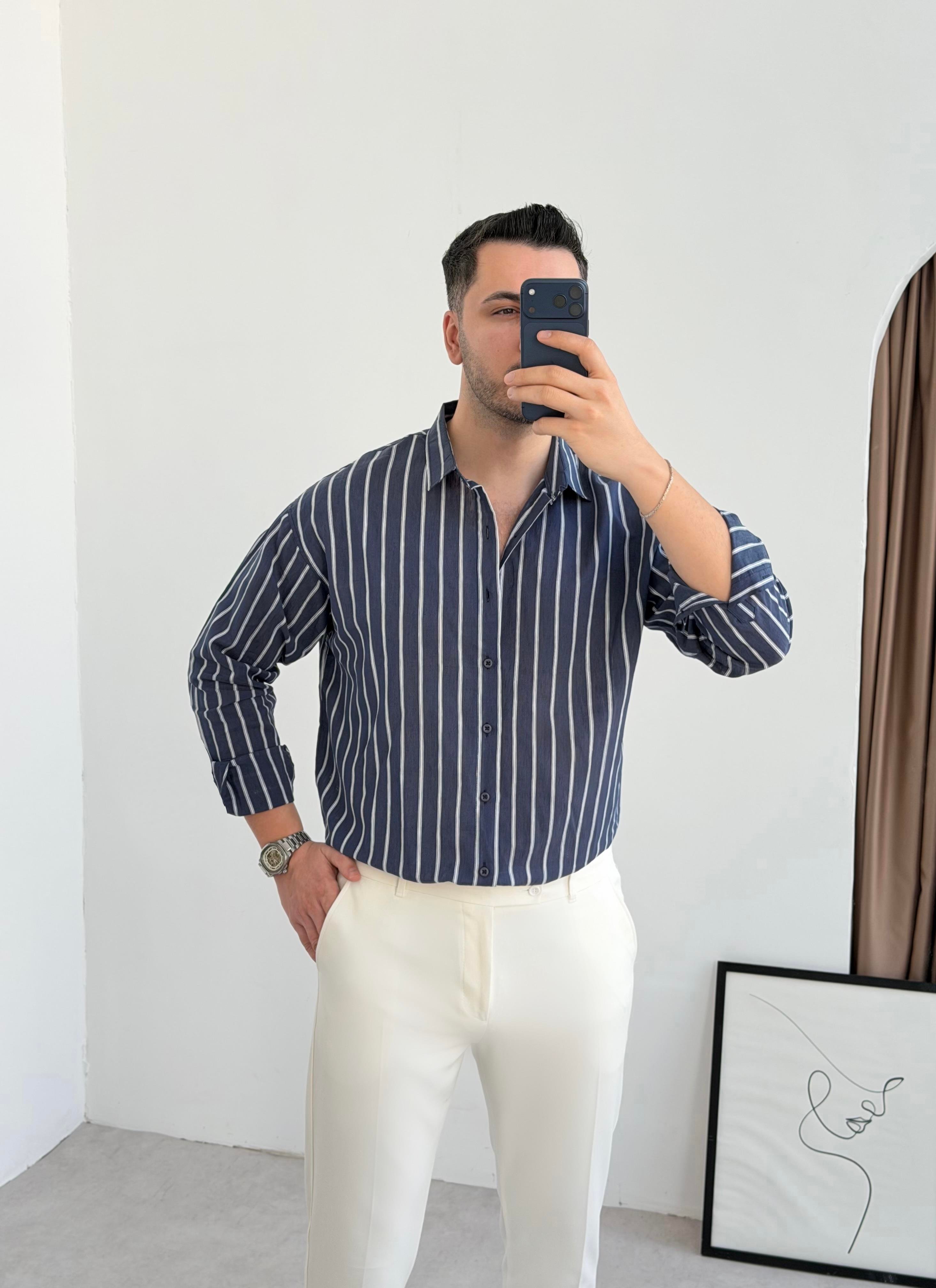Clean Lacivert Çizgili Oversize Keten Gömlek