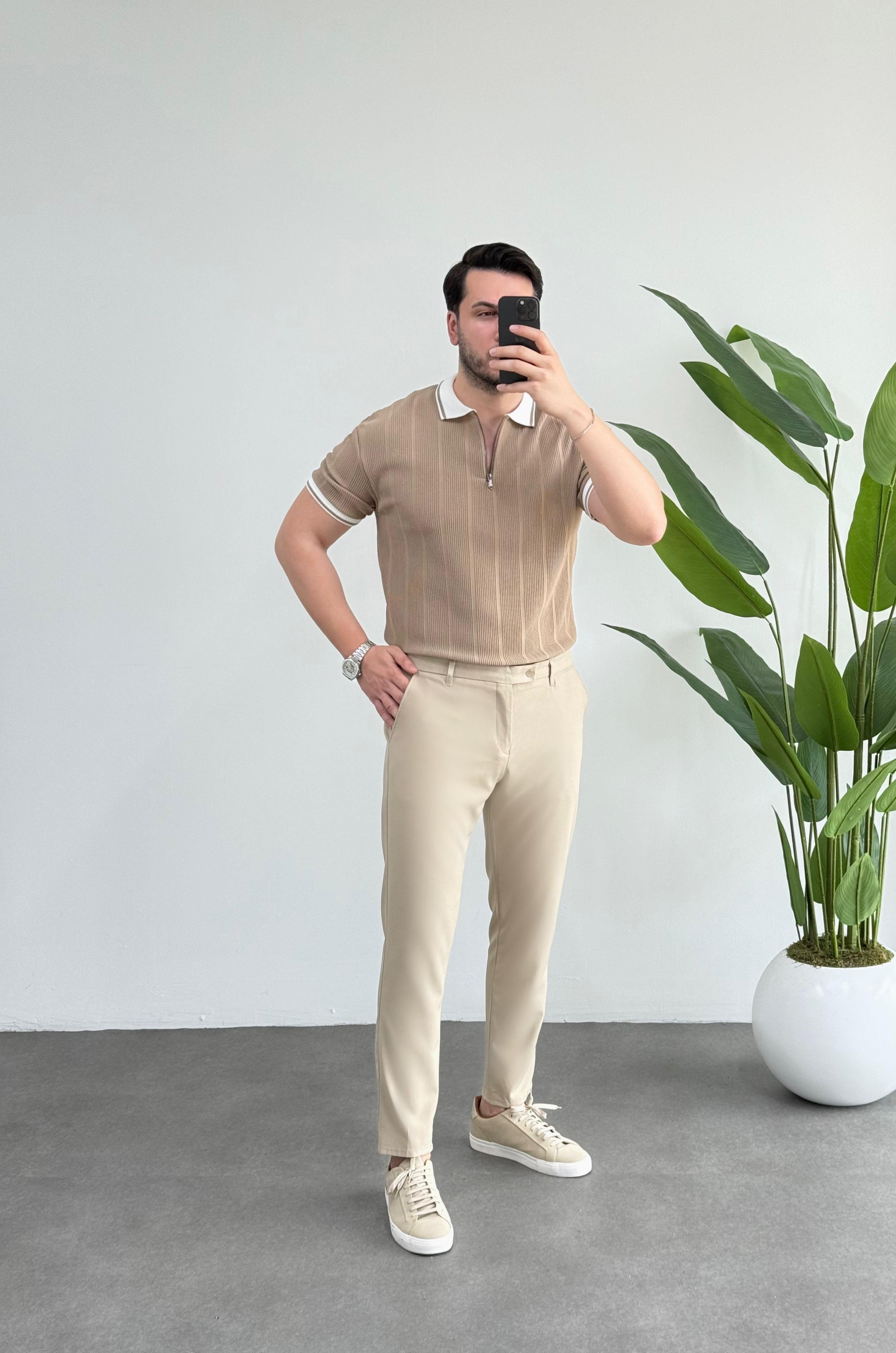 Comfort Bej Fermuarlı Örme Tişört 