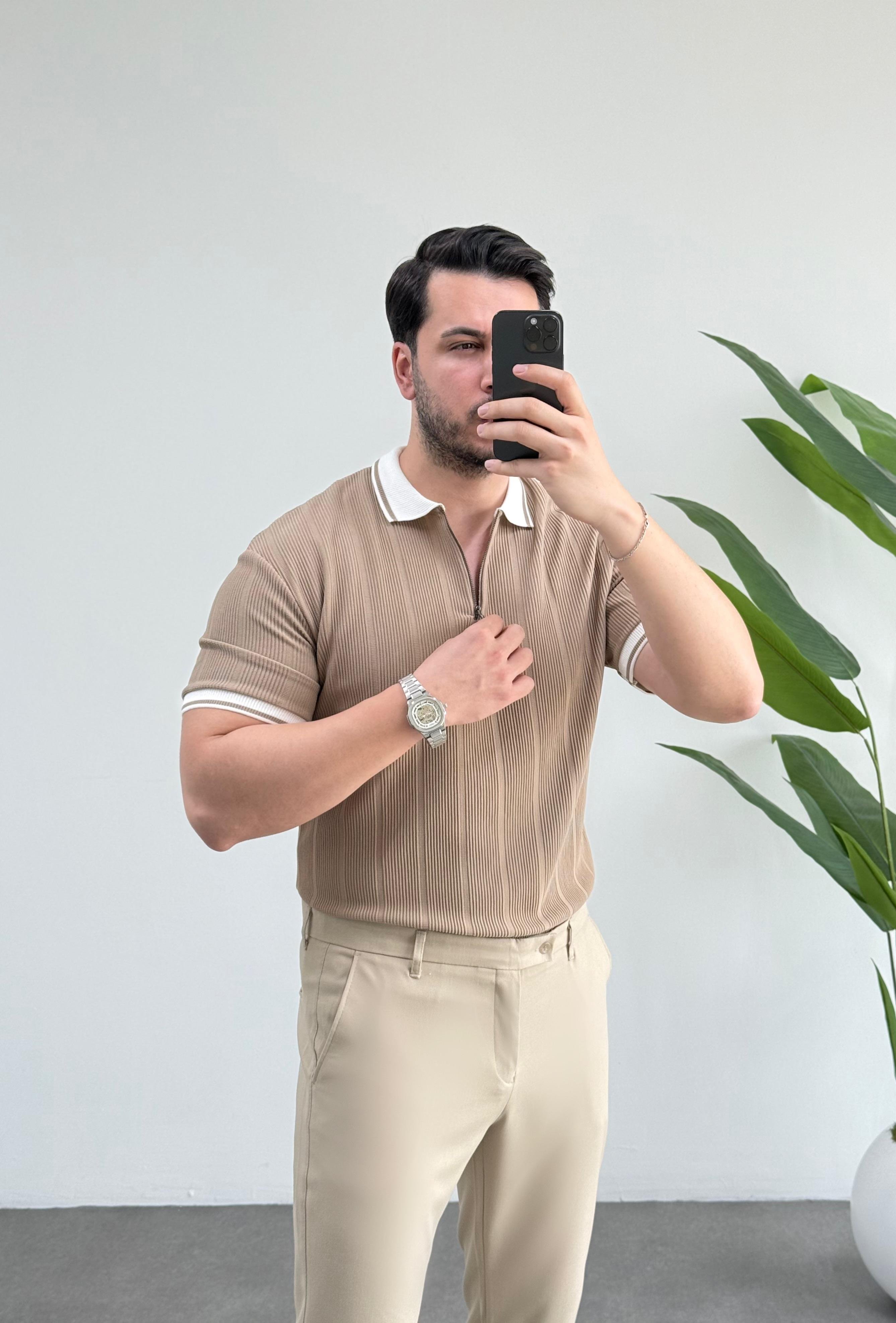 Comfort Bej Fermuarlı Örme Tişört 