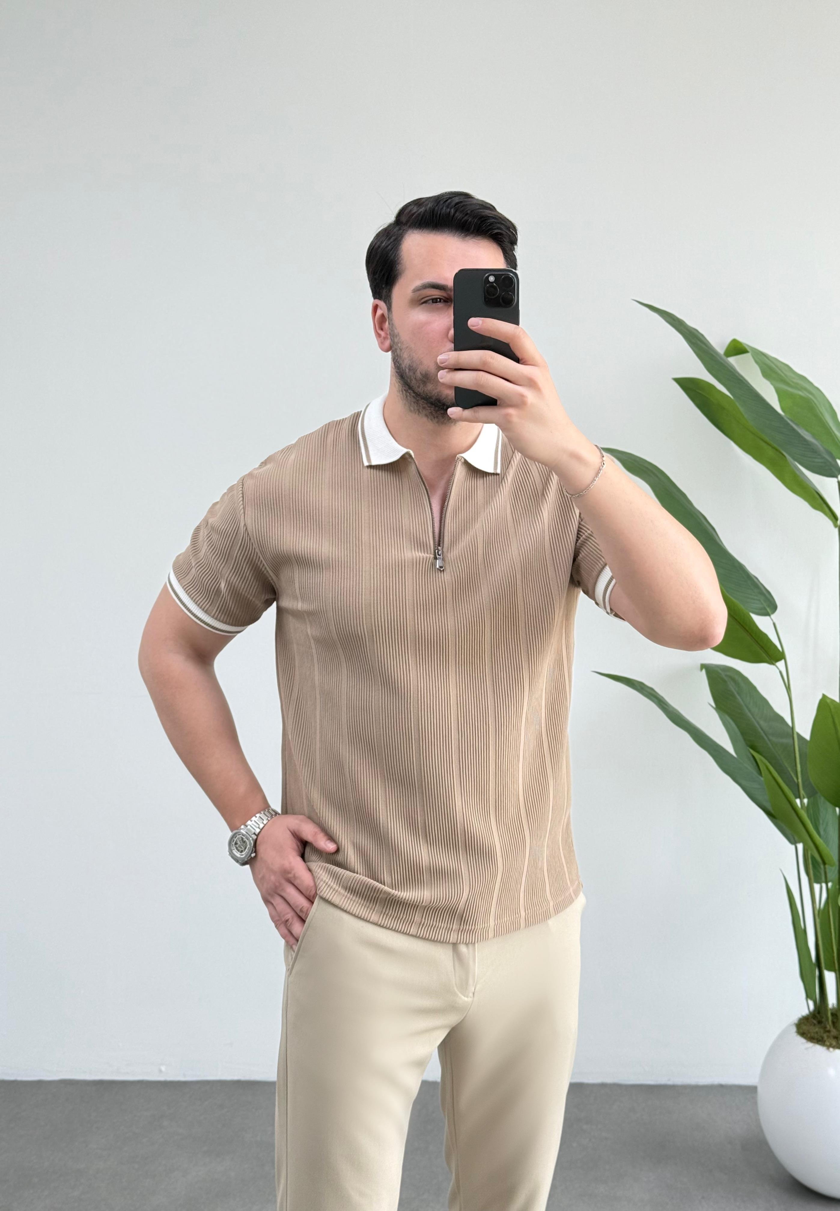 Comfort Bej Fermuarlı Örme Tişört 