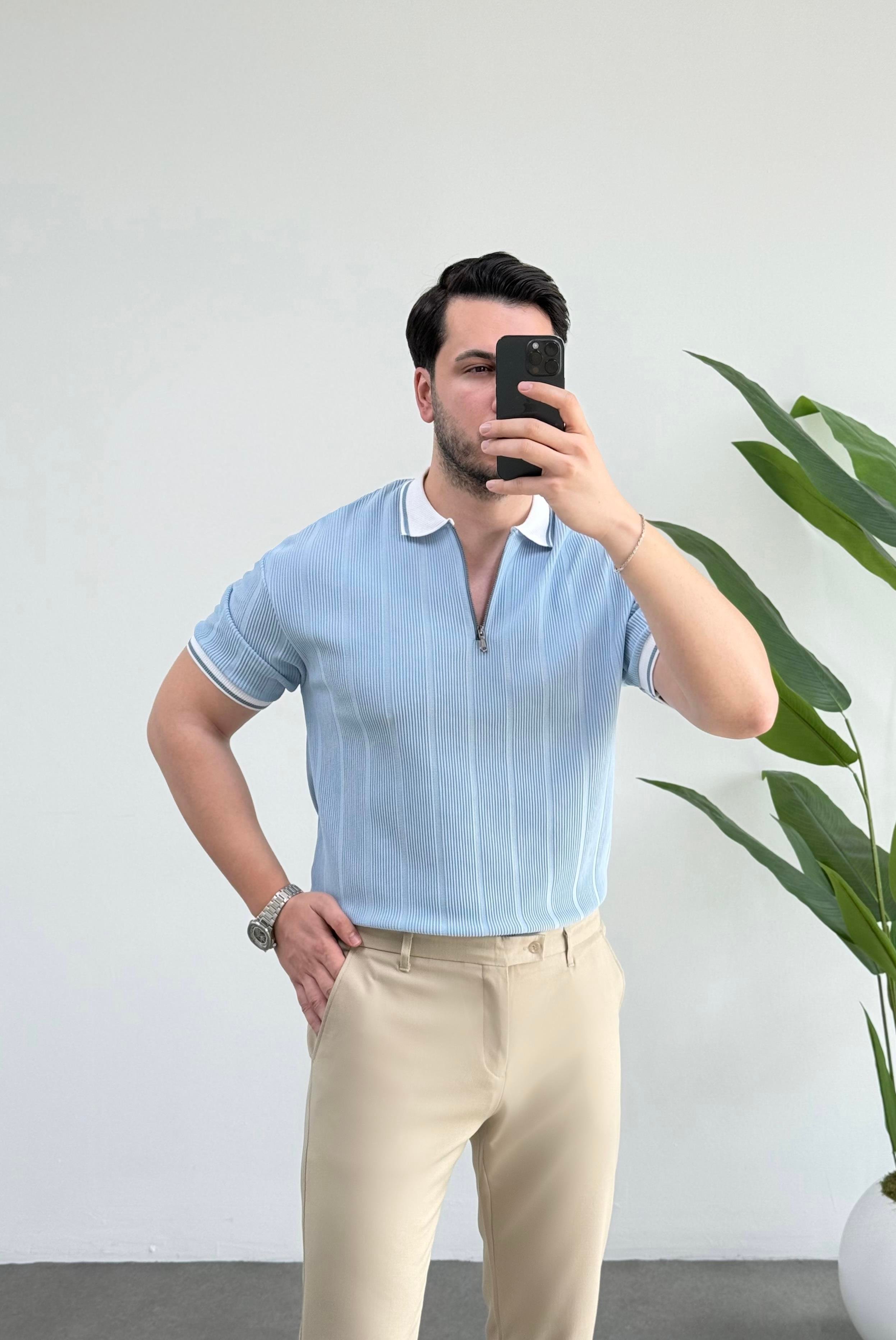 Comfort Mavi Fermuarlı Örme Tişört 
