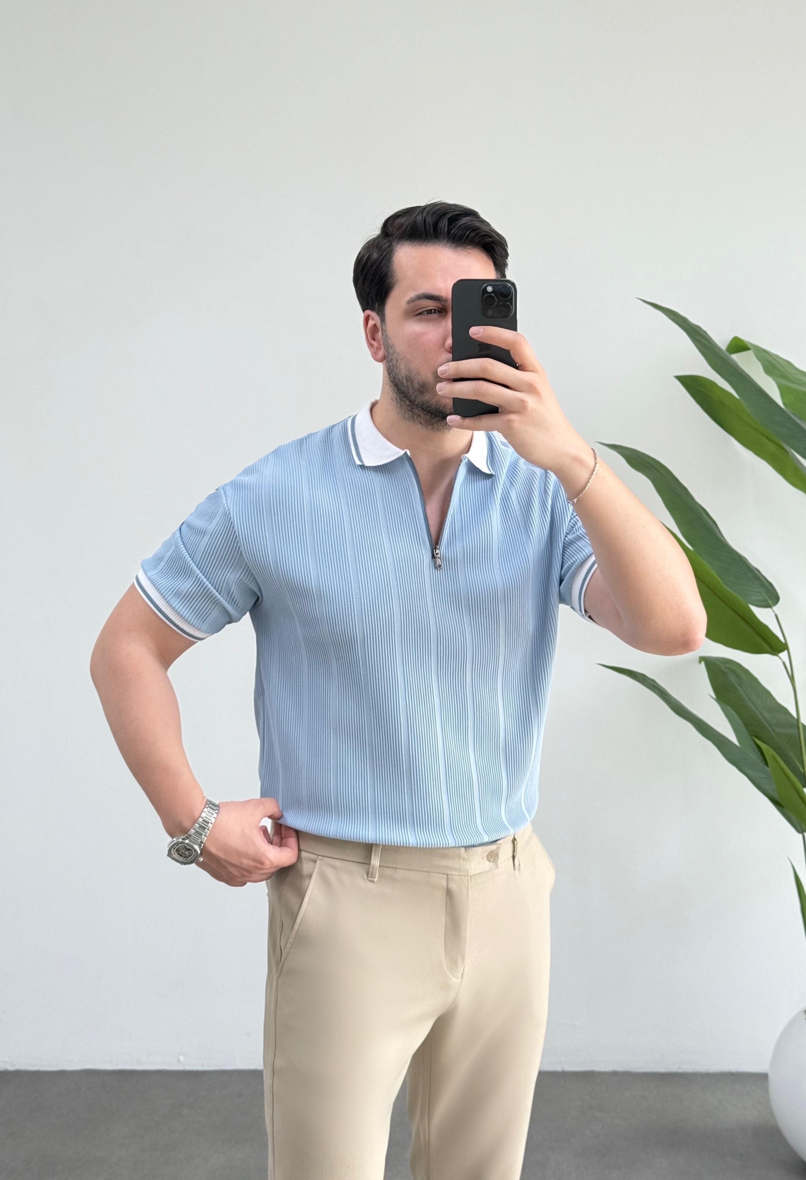 Comfort Mavi Fermuarlı Örme Tişört 