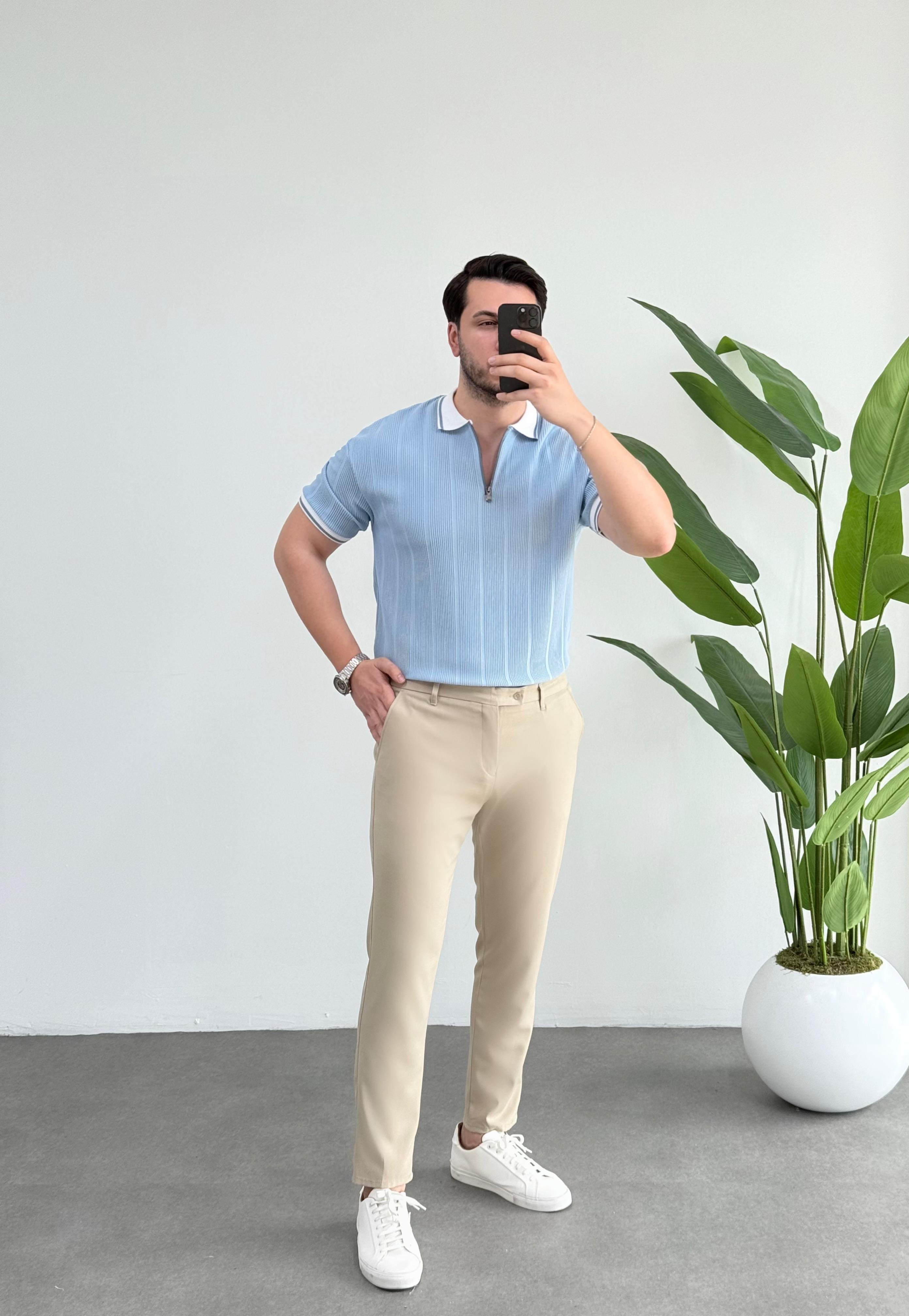Comfort Mavi Fermuarlı Örme Tişört 