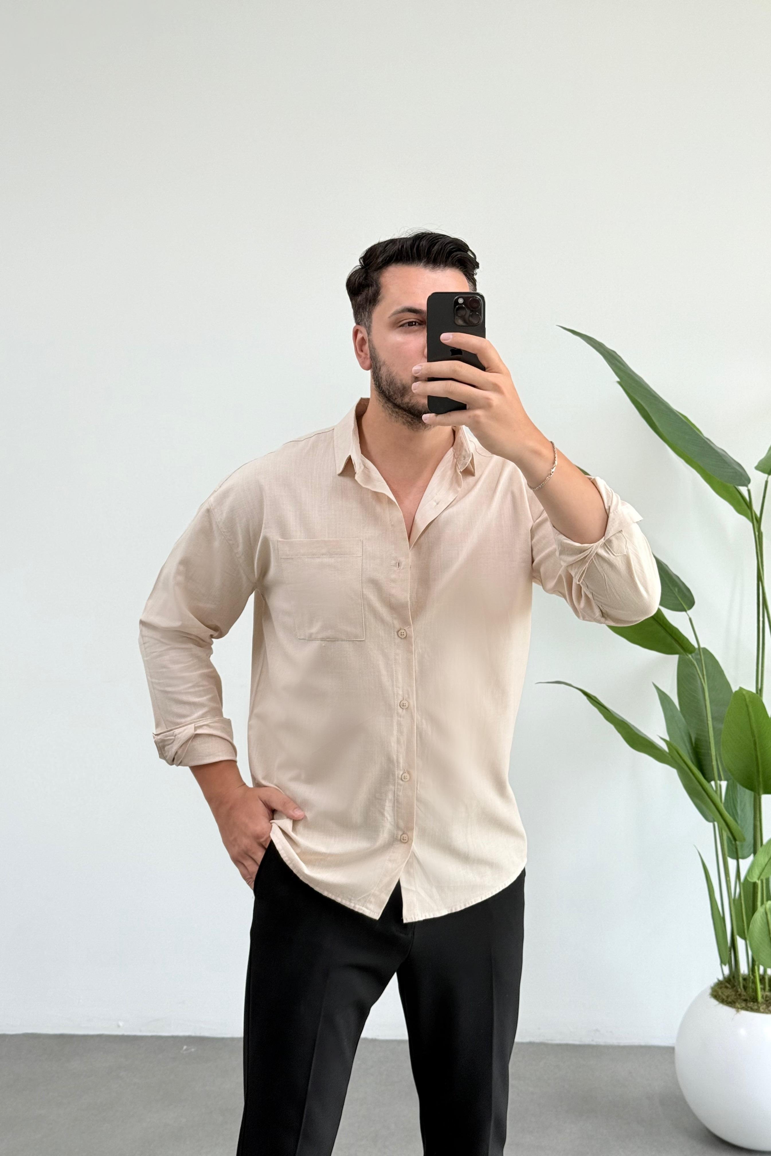 Dasel Bej Cepli Oversize Keten Gömlek 