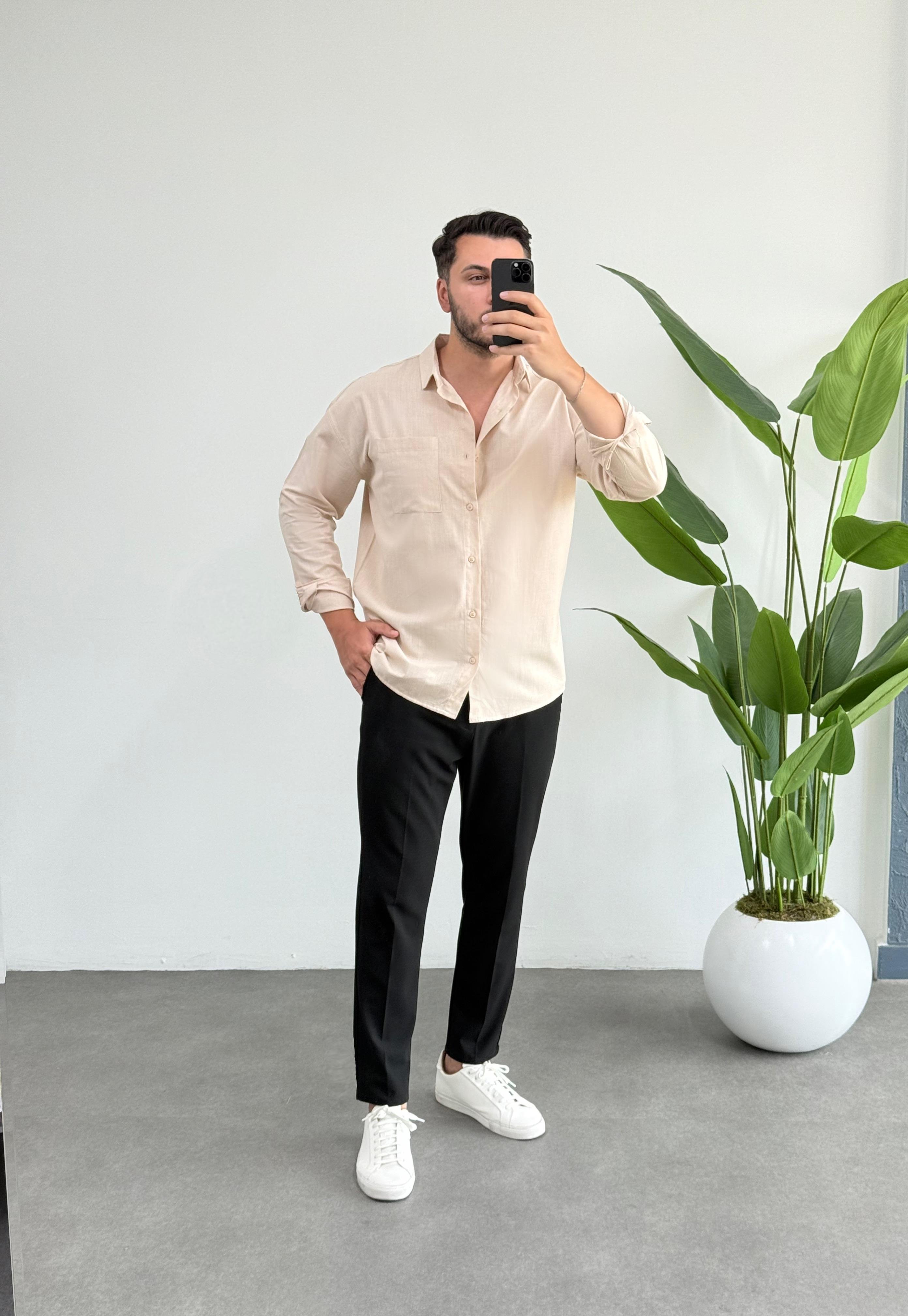Dasel Bej Cepli Oversize Keten Gömlek 