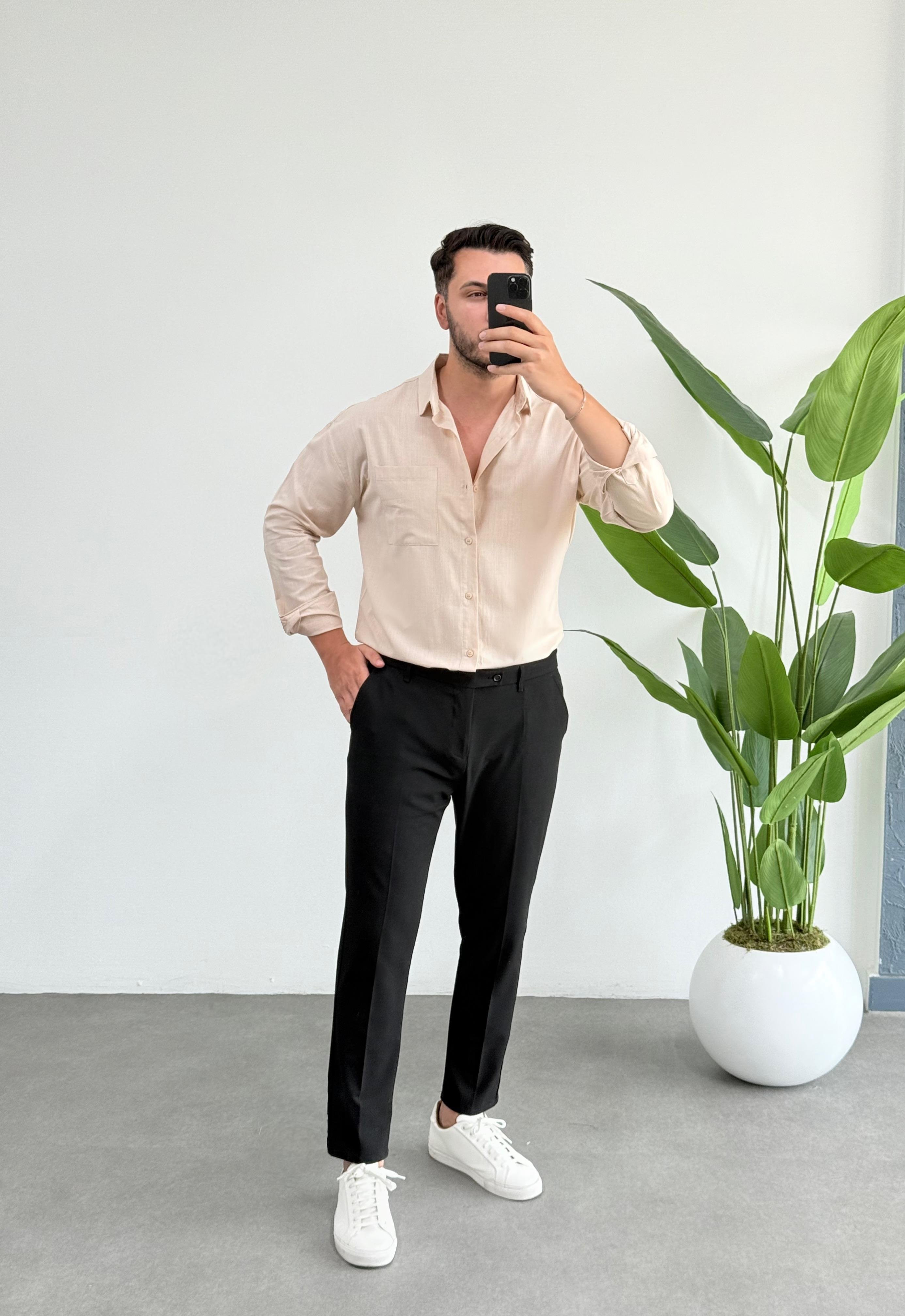 Dasel Bej Cepli Oversize Keten Gömlek 