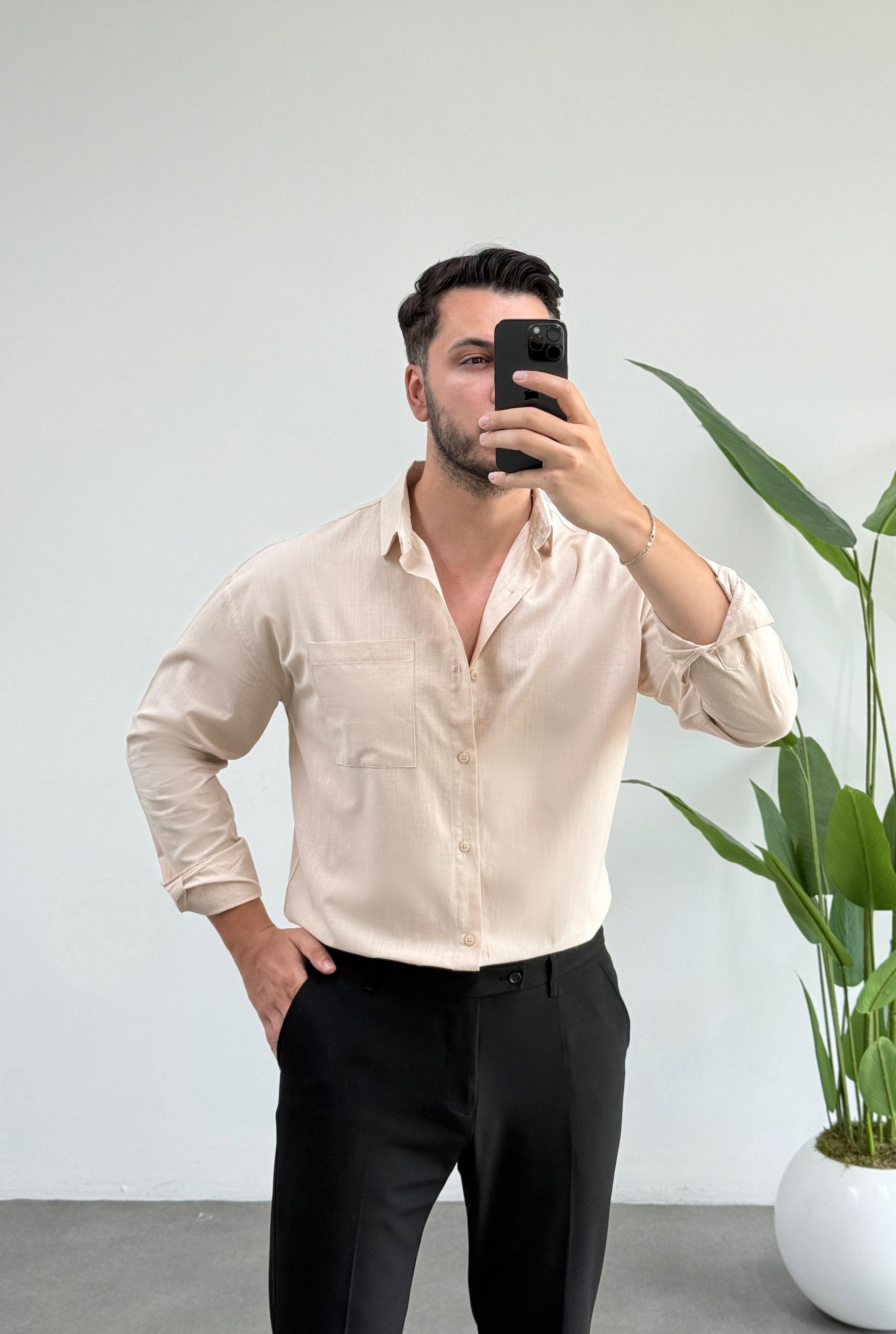 Dasel Bej Cepli Oversize Keten Gömlek 