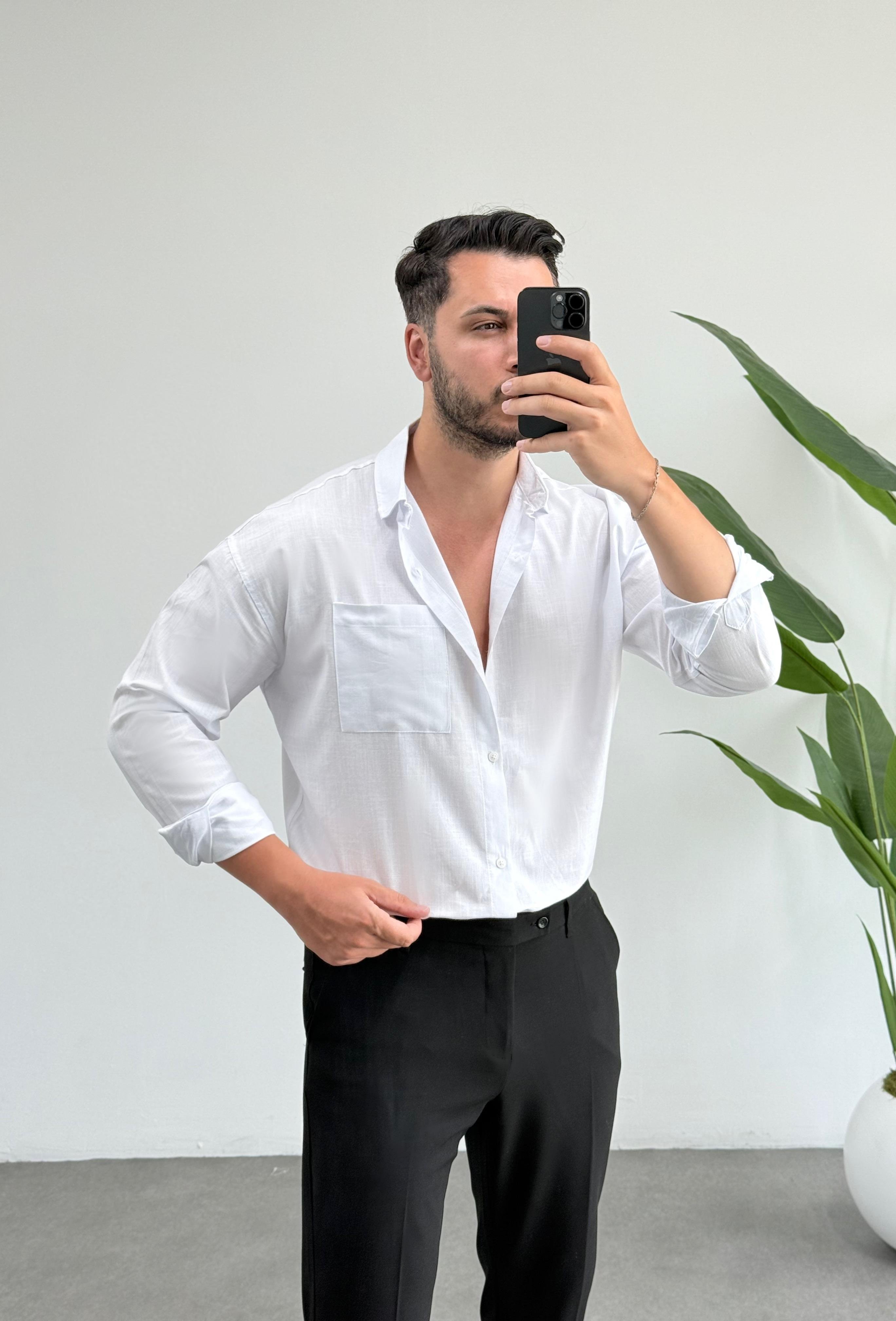 Dasel Cepli Beyaz Oversize Keten Gömlek 