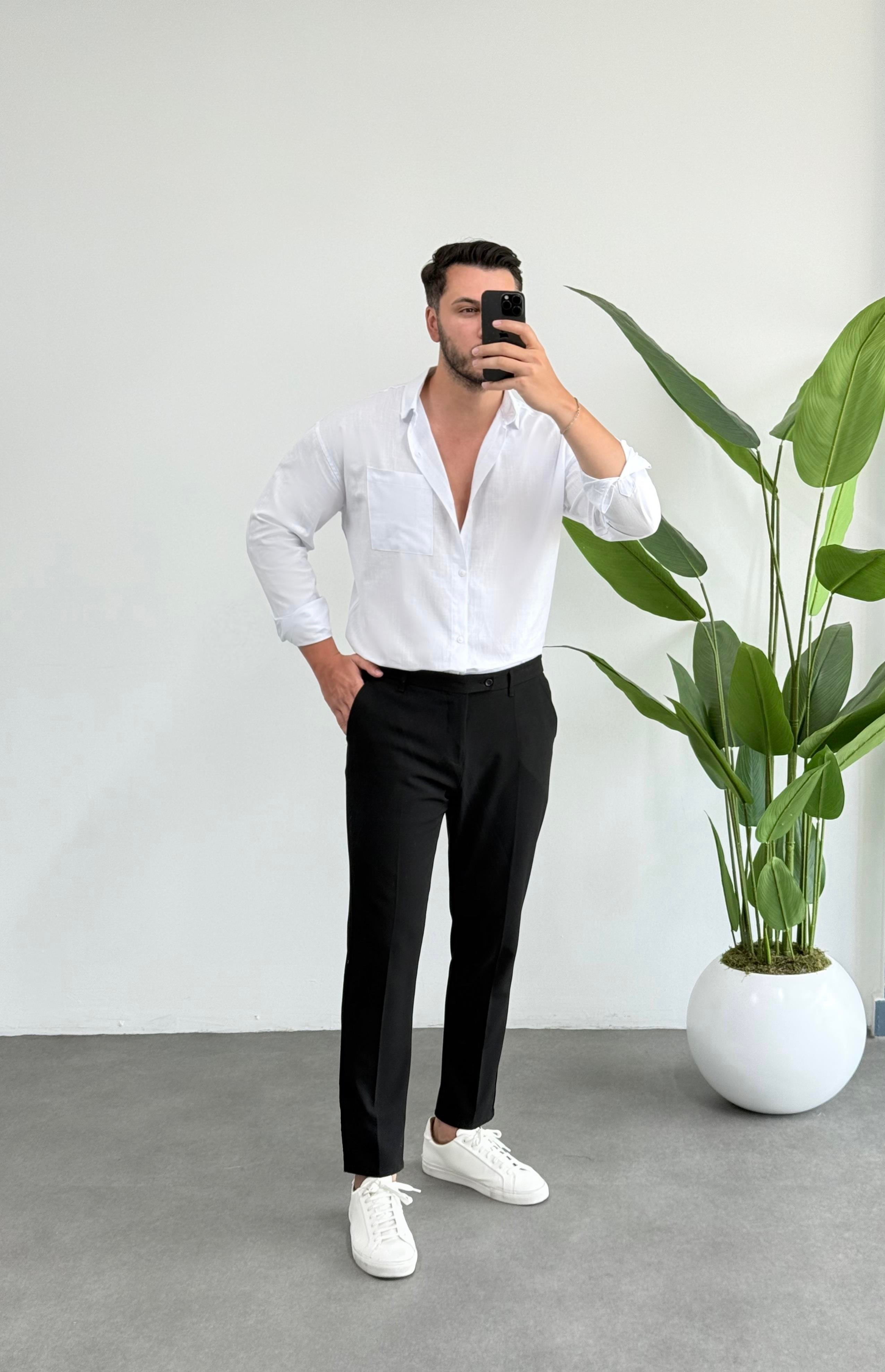 Dasel Cepli Beyaz Oversize Keten Gömlek 