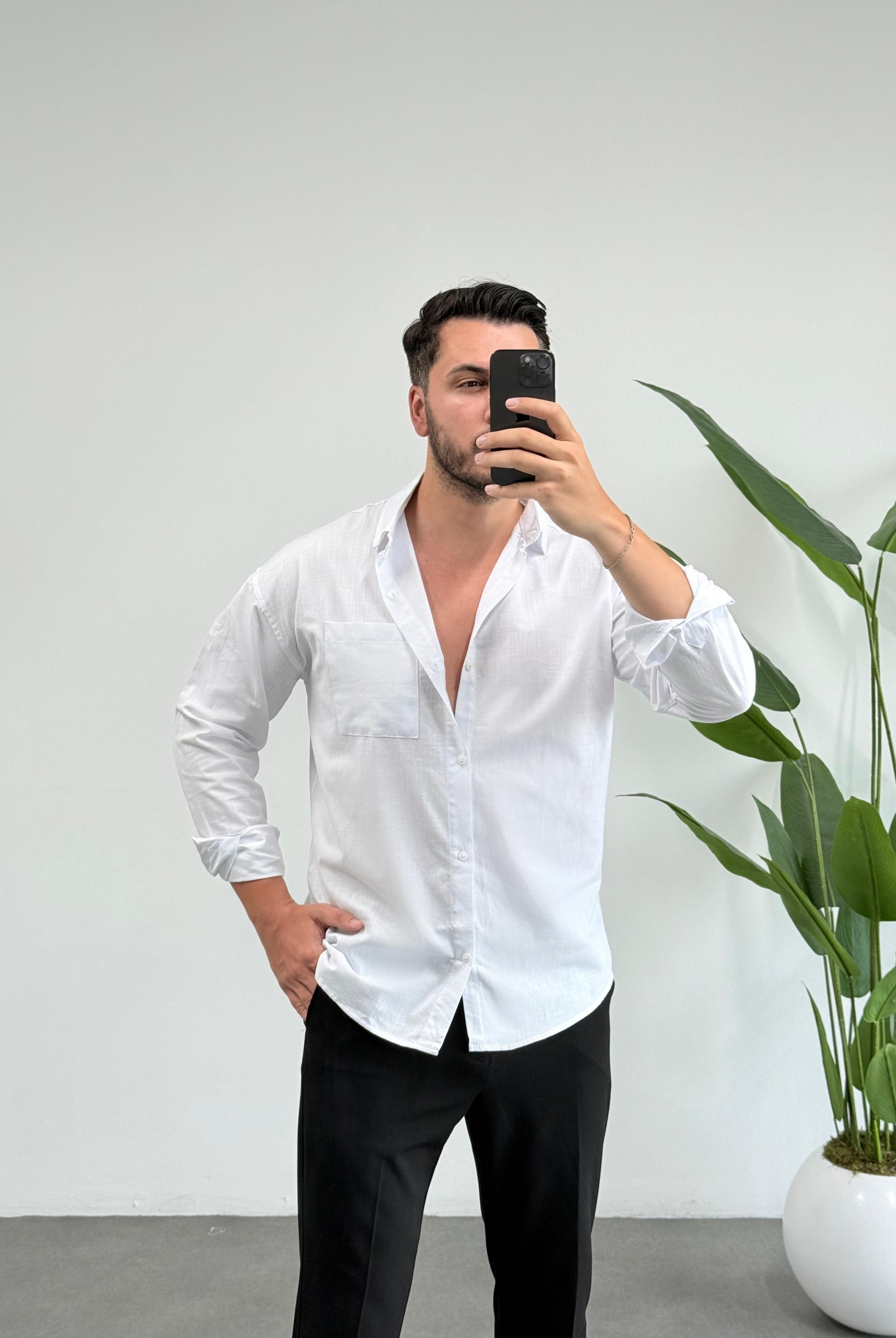 Dasel Cepli Beyaz Oversize Keten Gömlek 