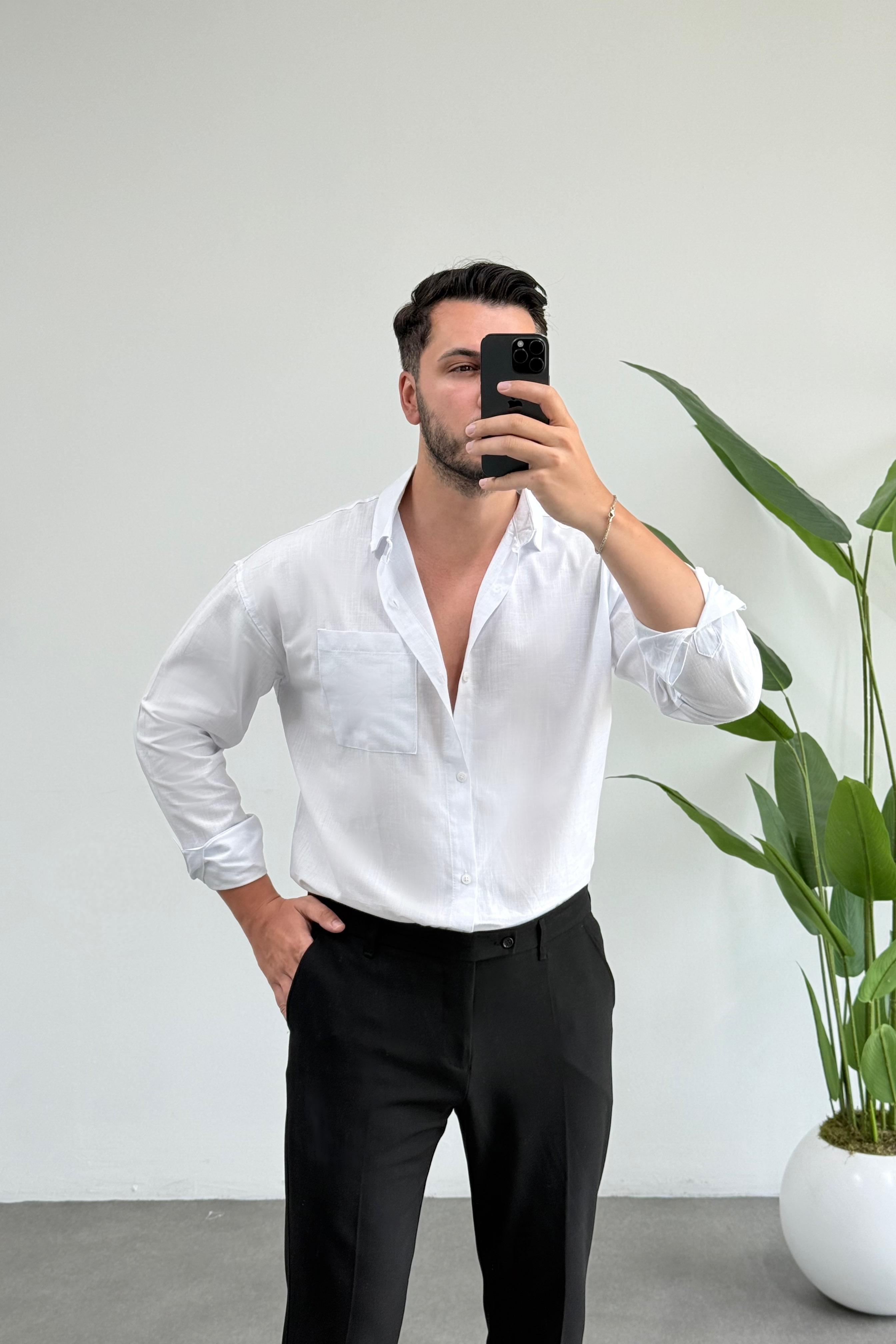 Dasel Cepli Beyaz Oversize Keten Gömlek 
