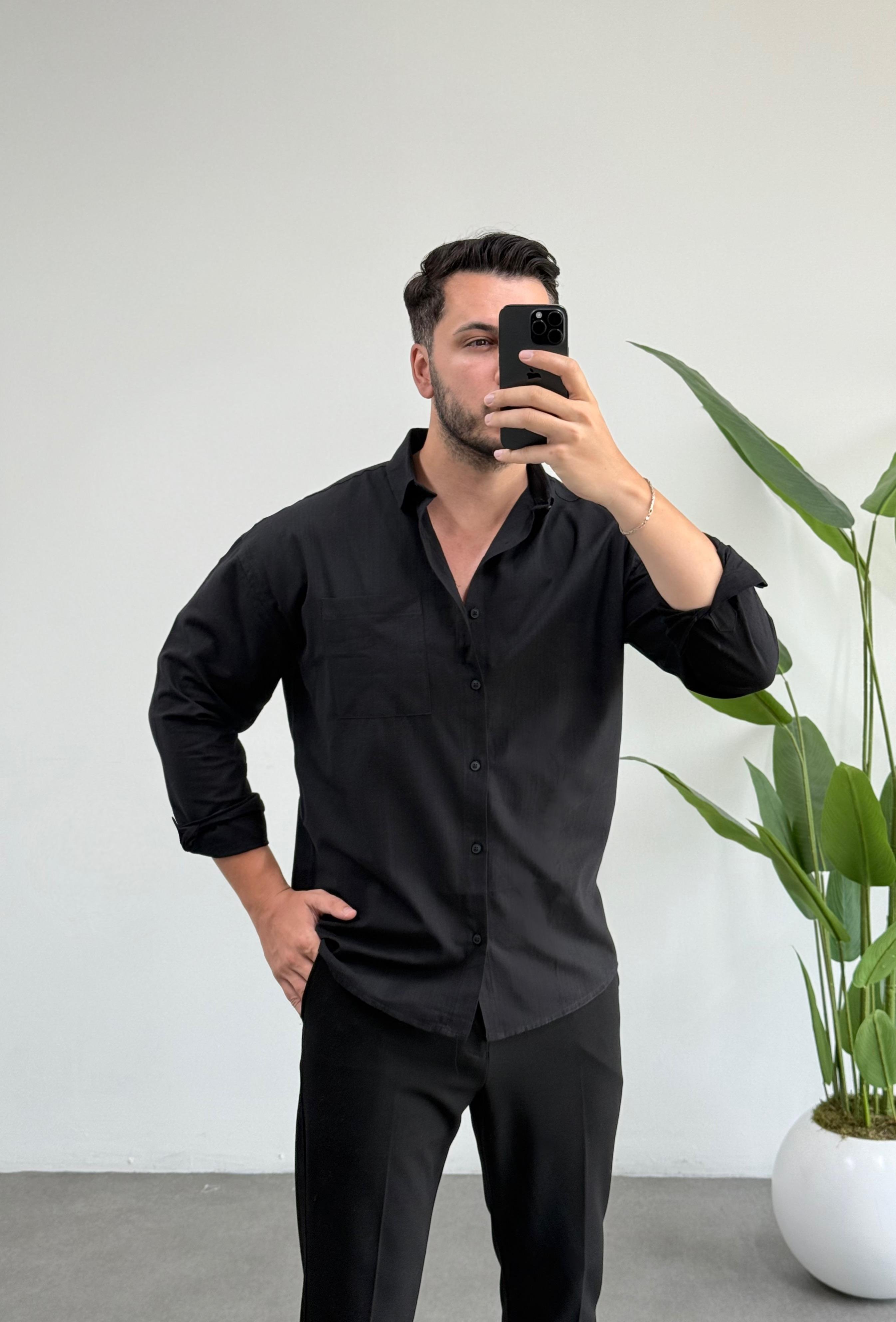 Dasel Siyah Cepli Oversize Keten Gömlek 