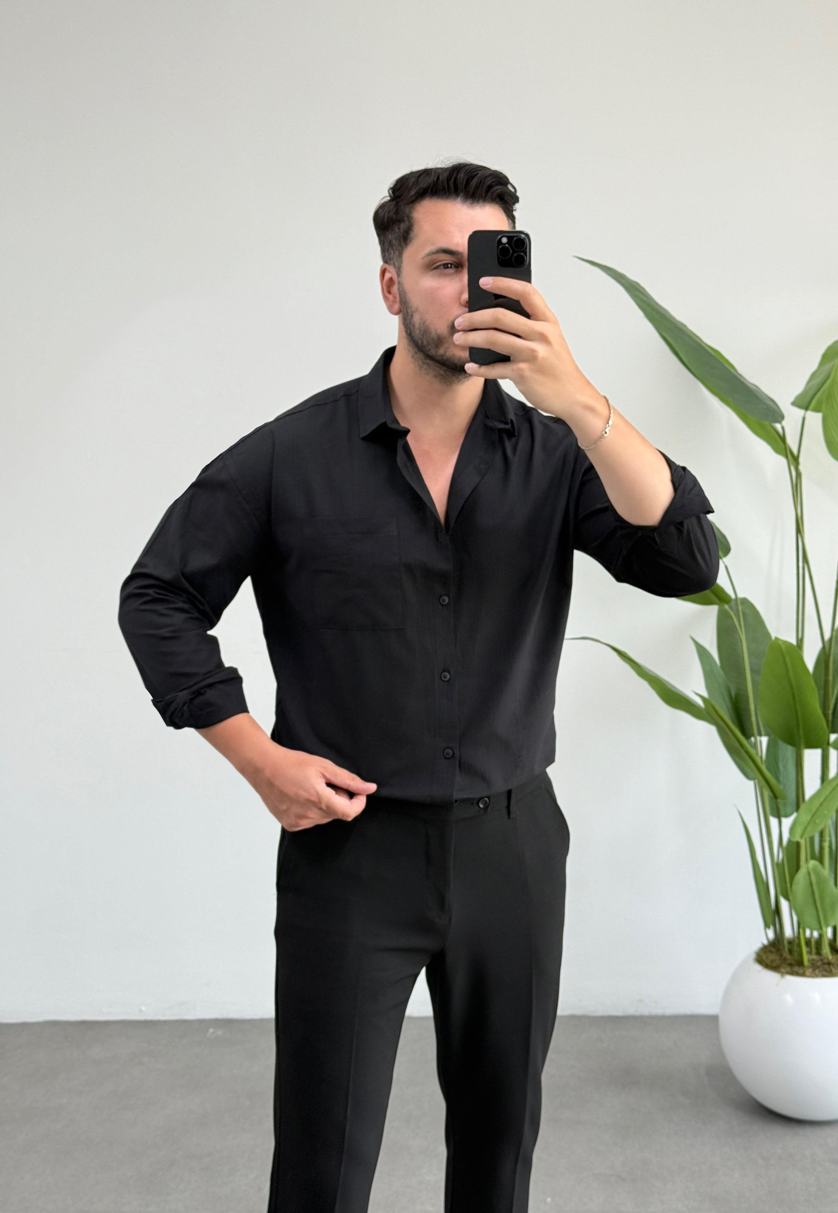 Dasel Siyah Cepli Oversize Keten Gömlek 