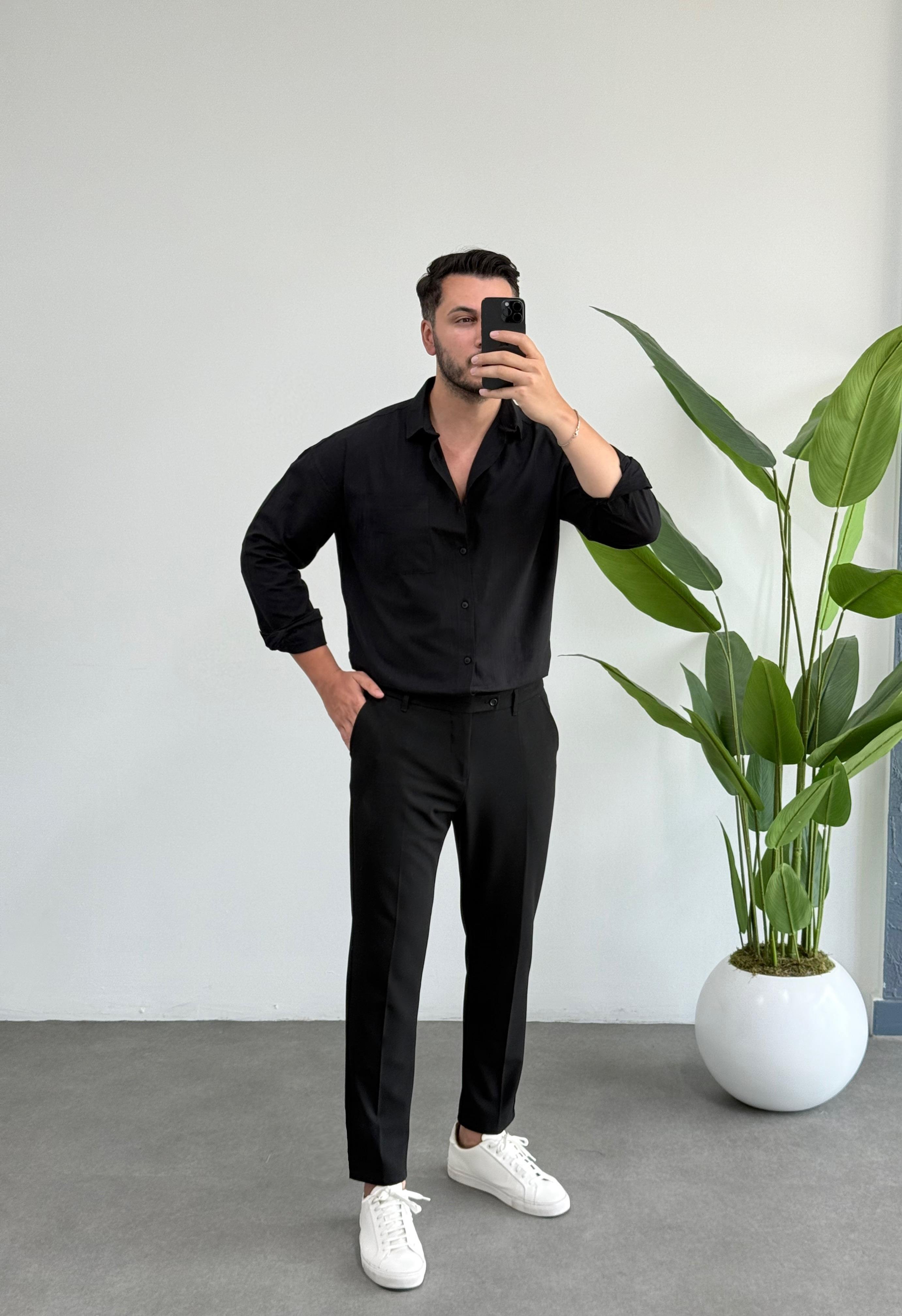 Dasel Siyah Cepli Oversize Keten Gömlek 