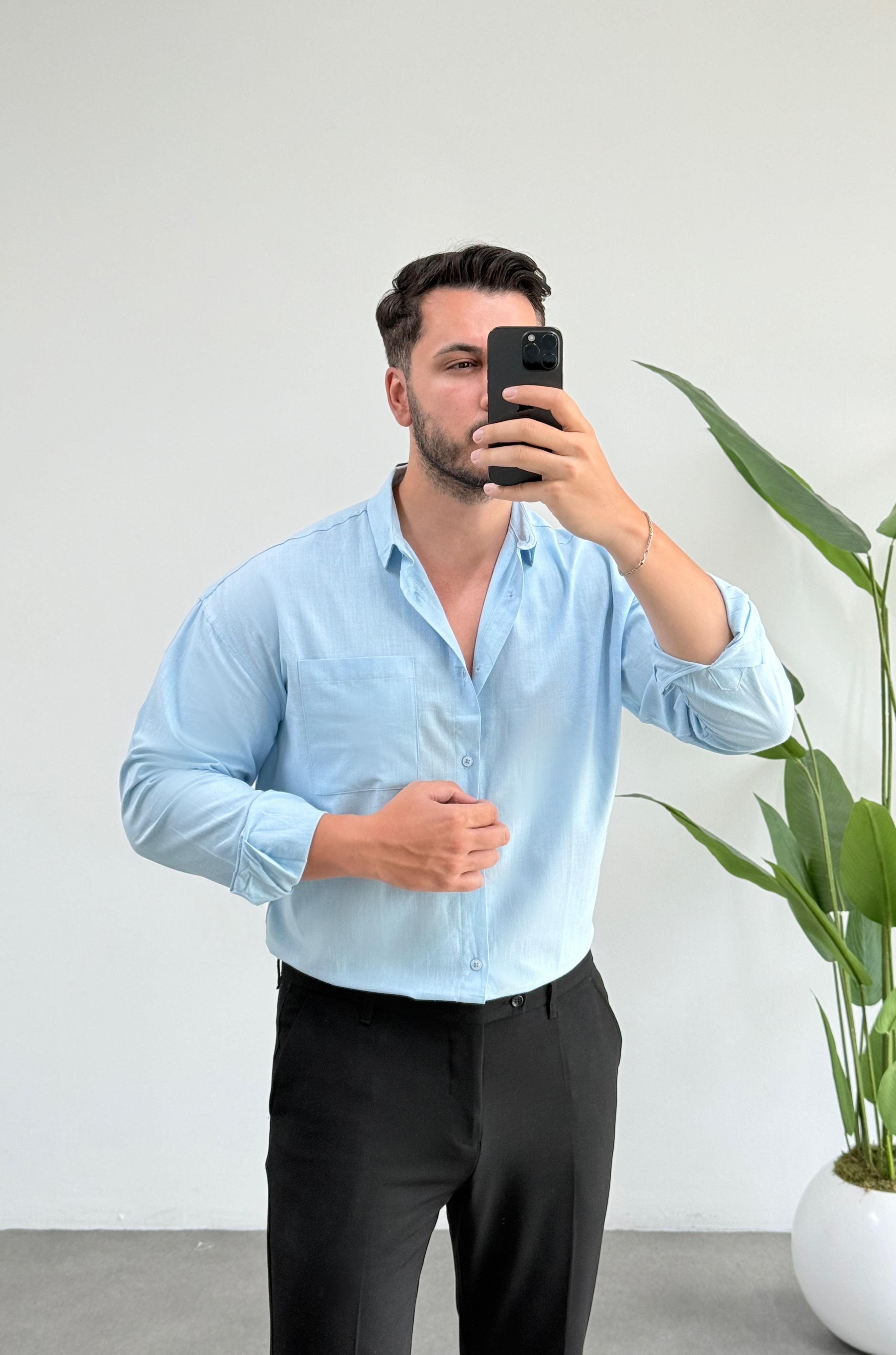 Desel Mavi Cepli Oversize Keten Gömlek 