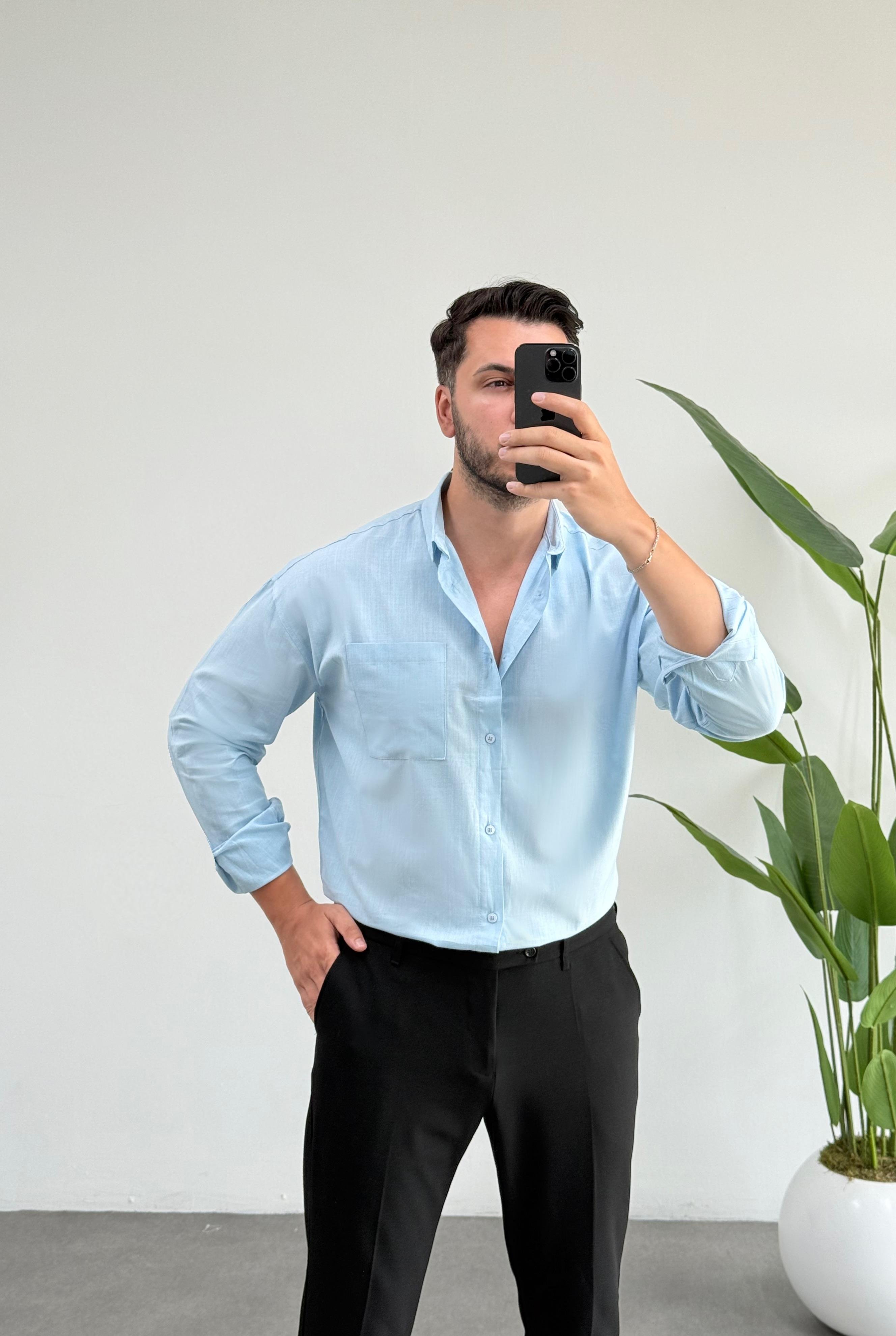 Desel Mavi Cepli Oversize Keten Gömlek 