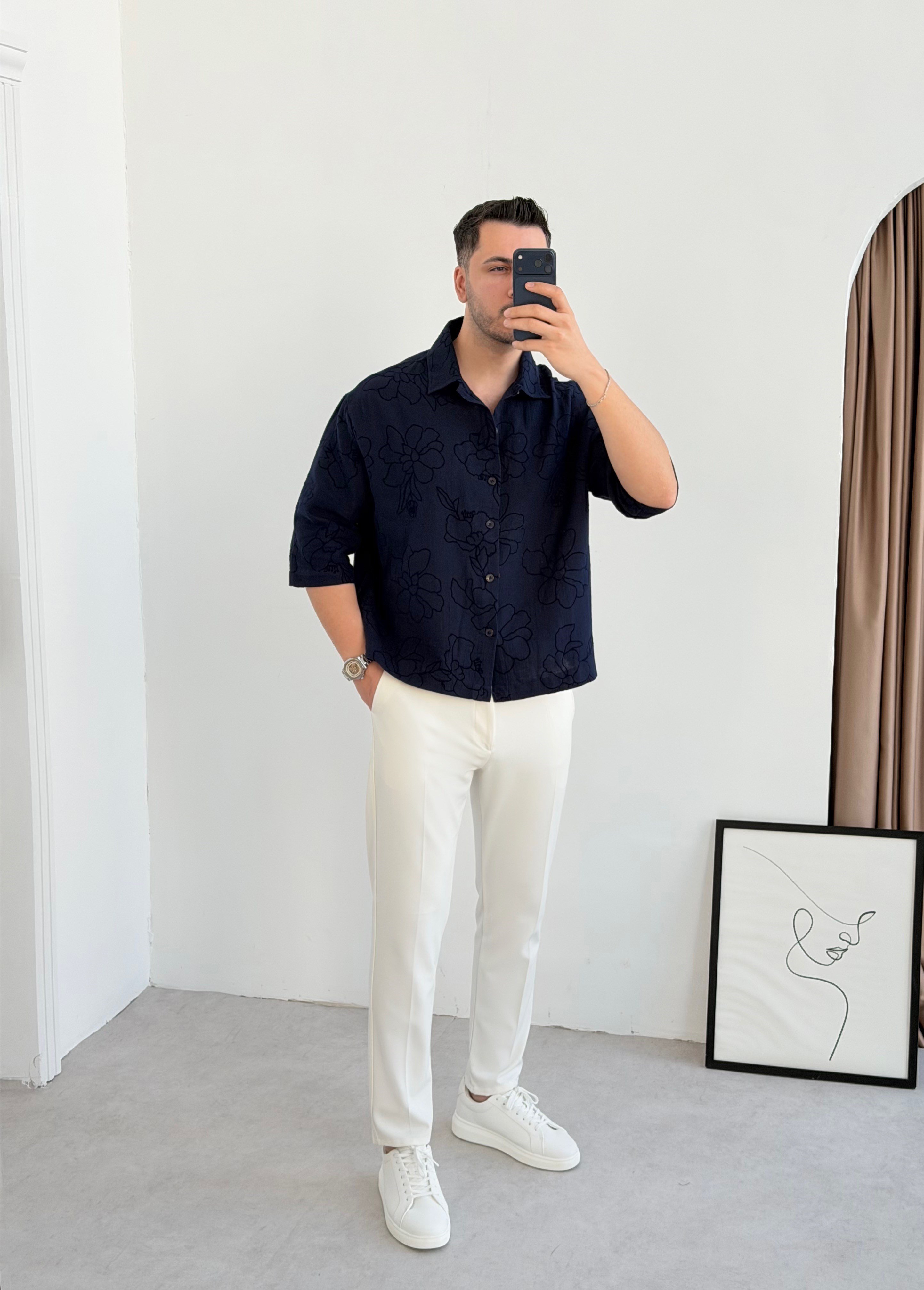 Dionel Krop Lacivert Oversize Keten Gömlek