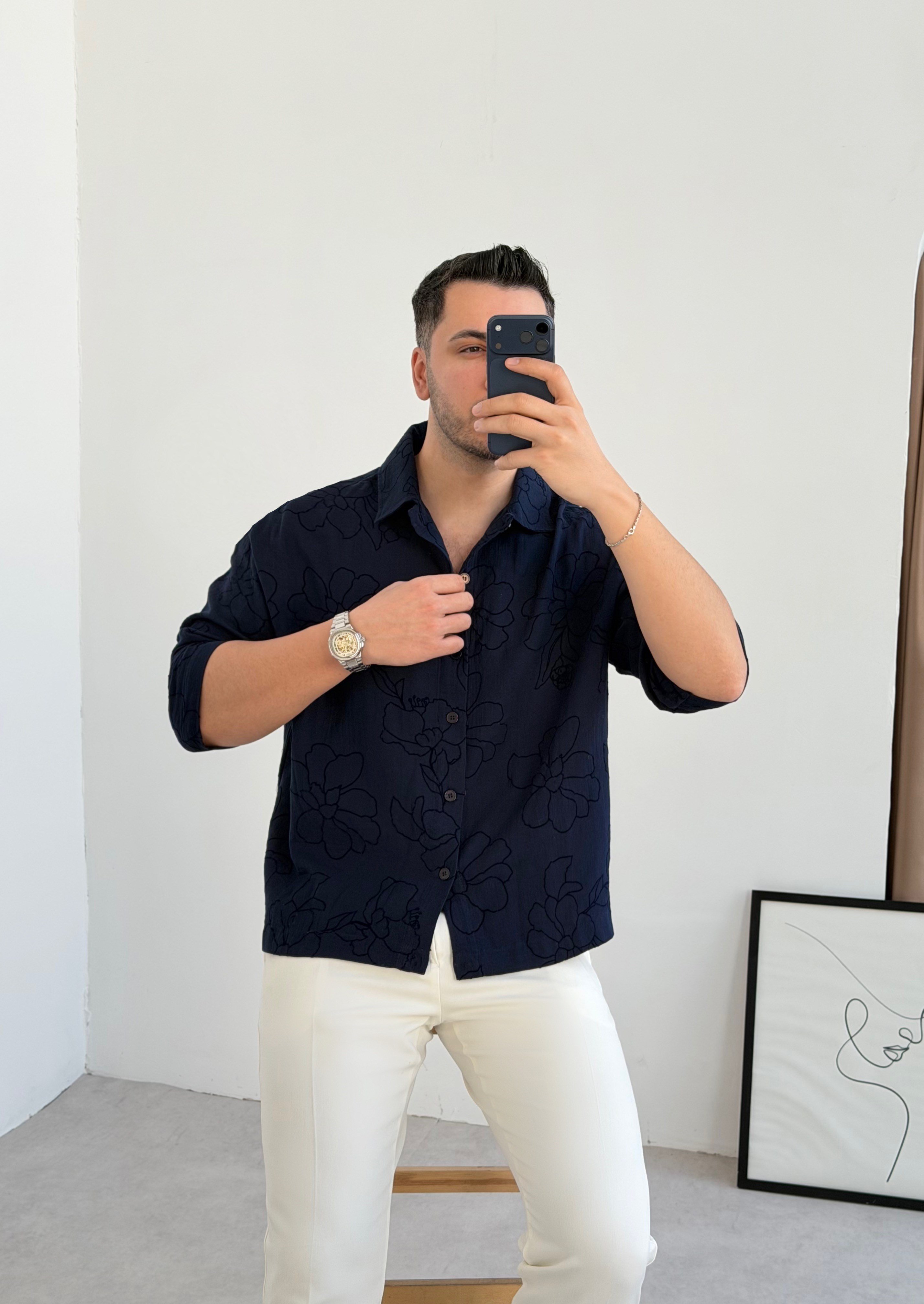 Dionel Krop Lacivert Oversize Keten Gömlek