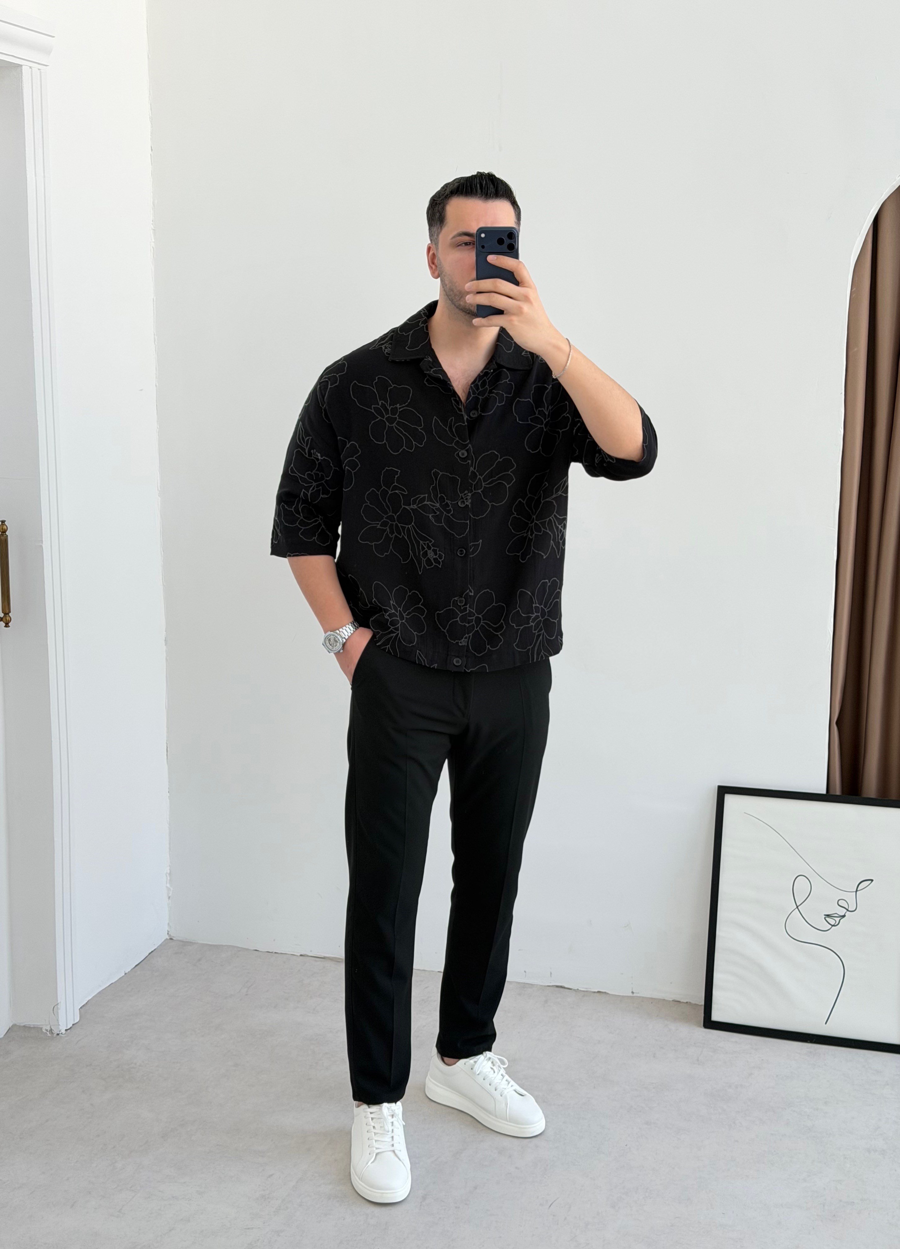 Dionel Krop Siyah Oversize Keten Gömlek