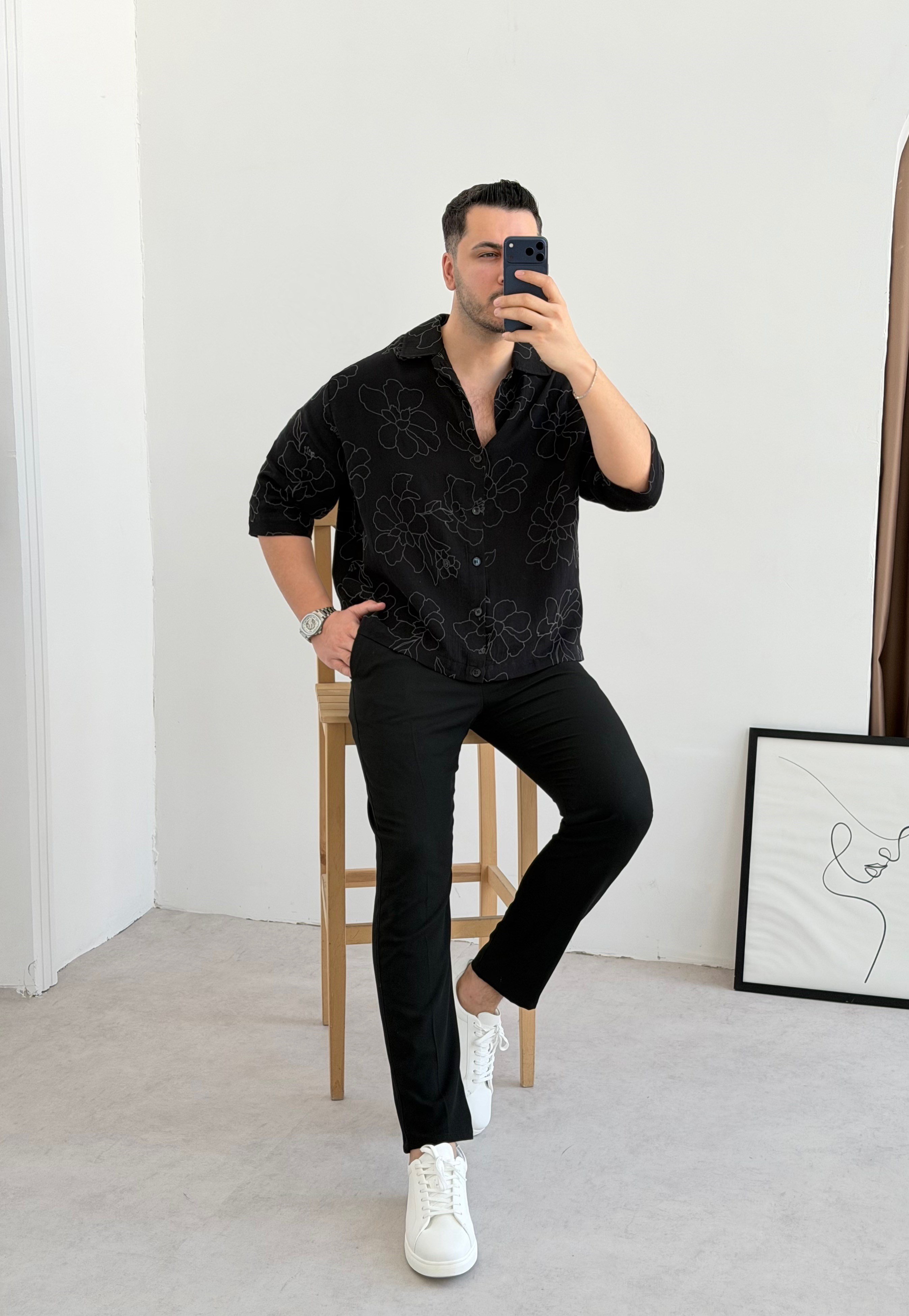 Dionel Krop Siyah Oversize Keten Gömlek