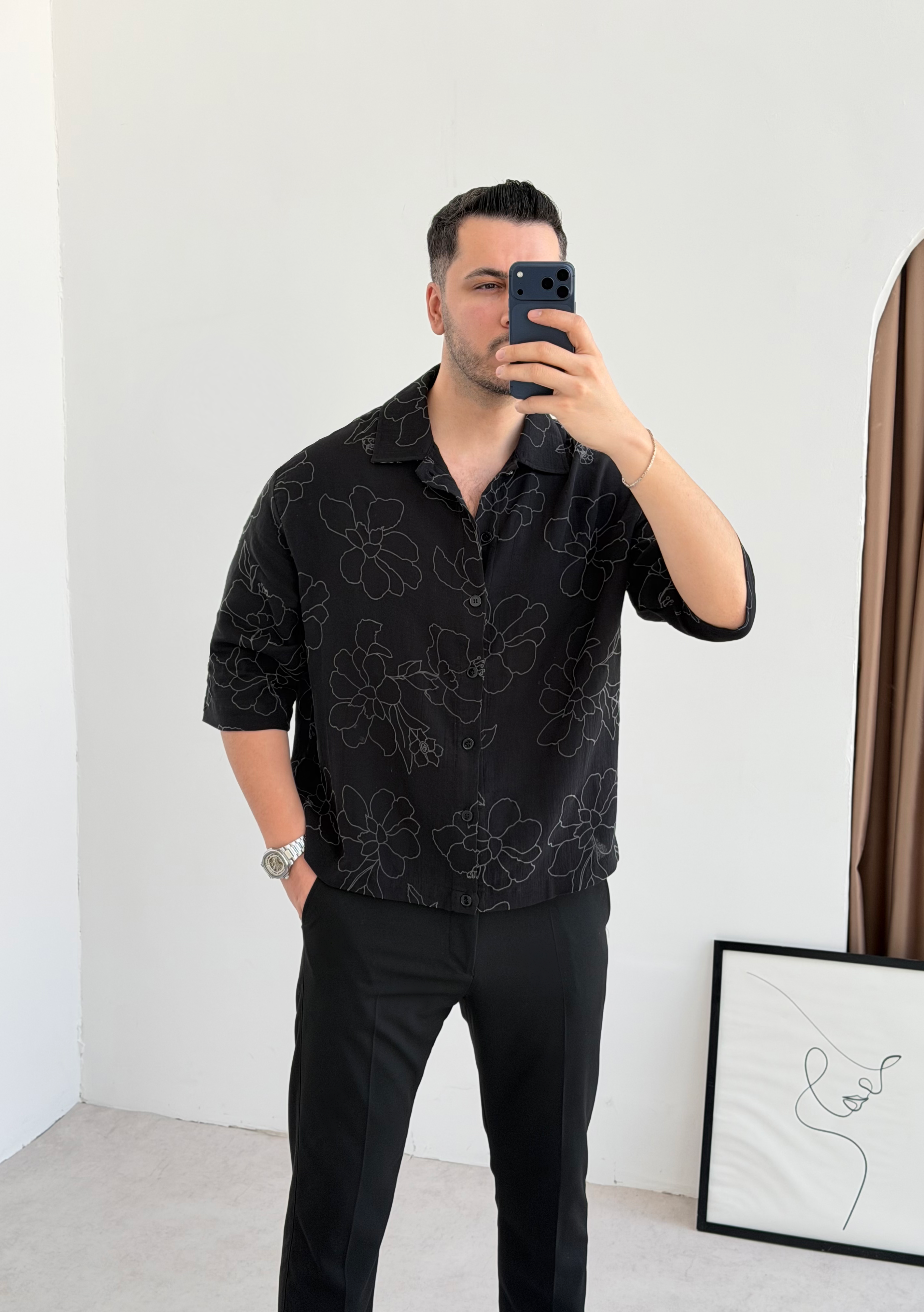 Dionel Krop Siyah Oversize Keten Gömlek