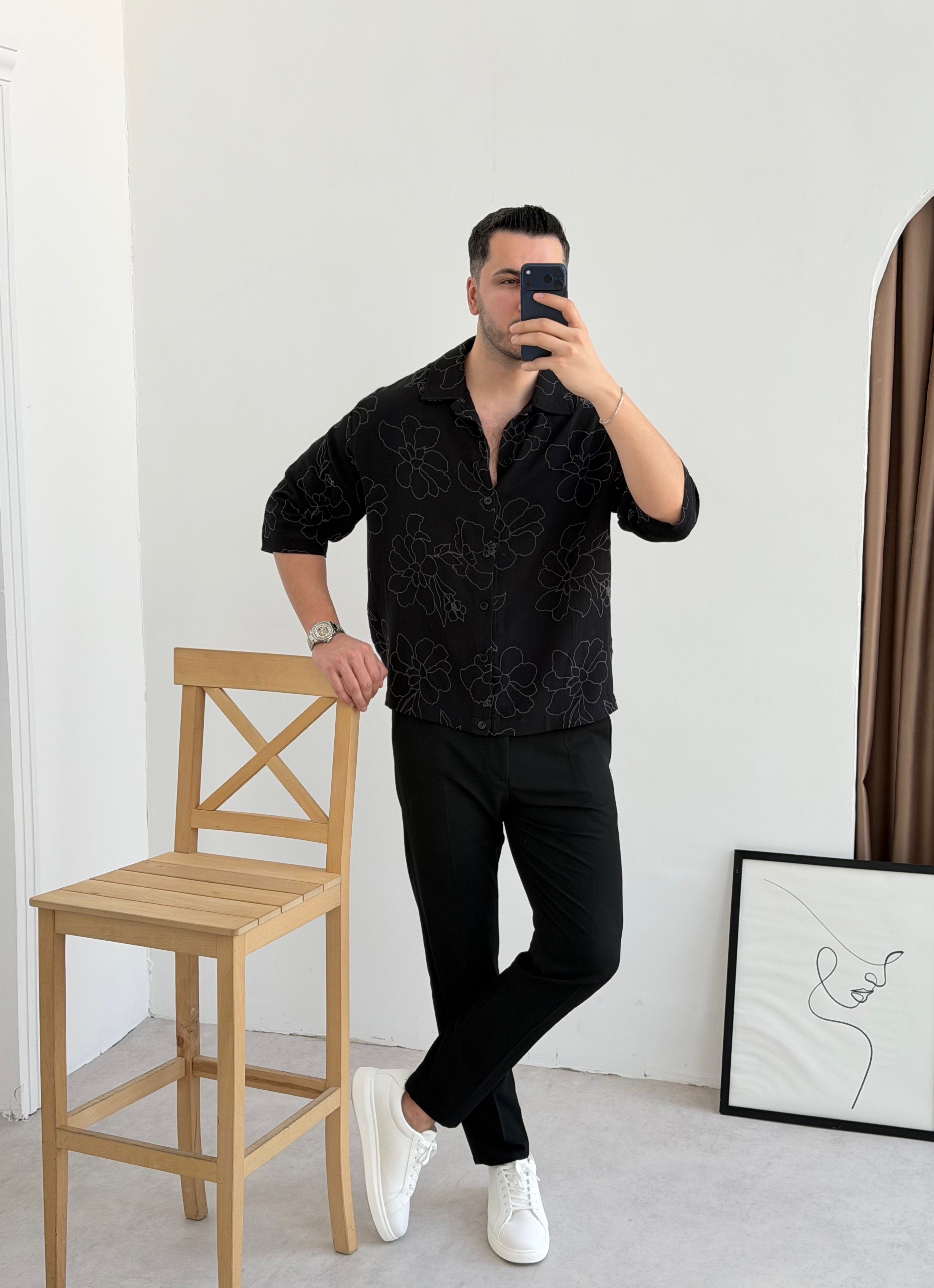 Dionel Krop Siyah Oversize Keten Gömlek