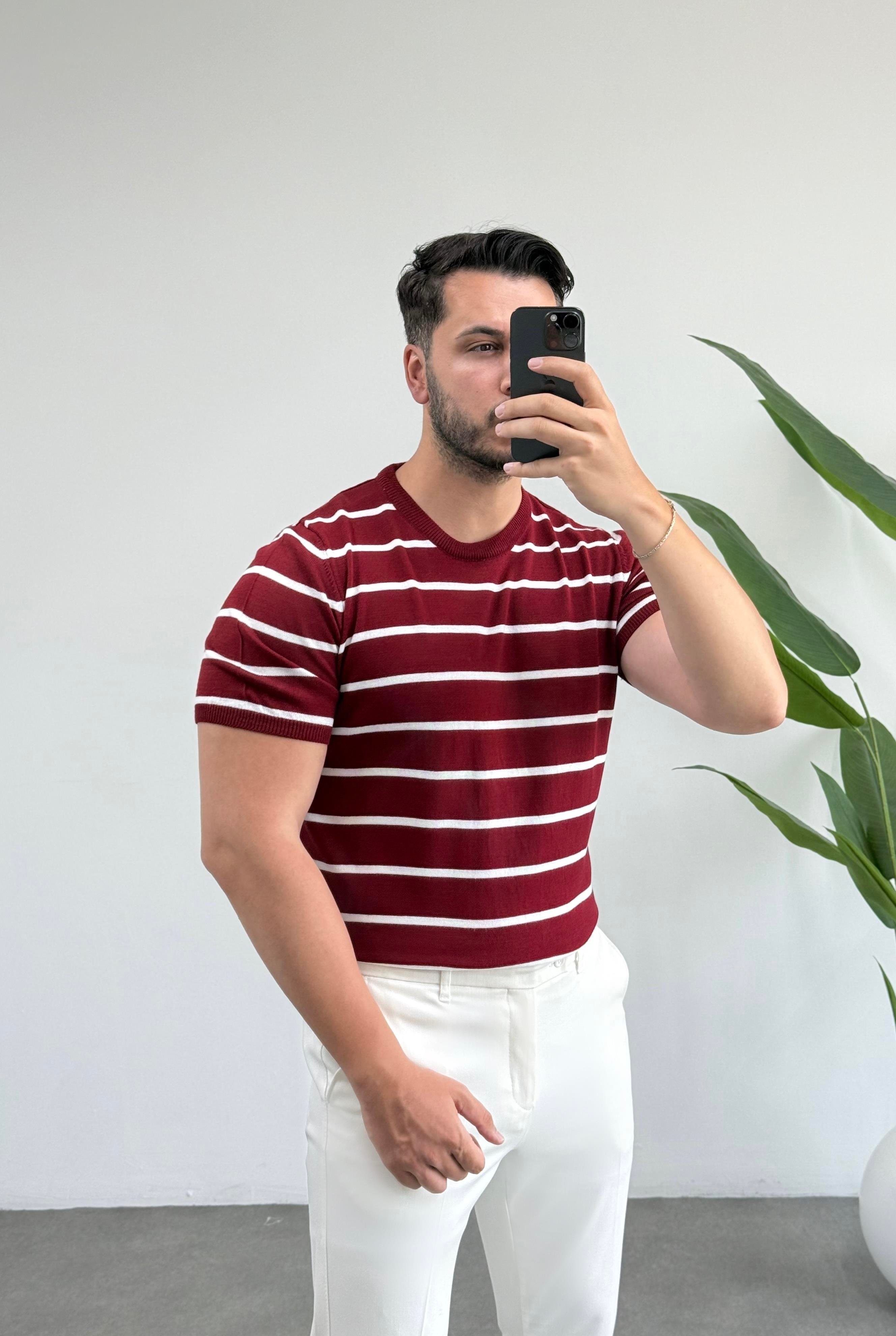 Dioser Bordo Çizgili Triko Tişört 