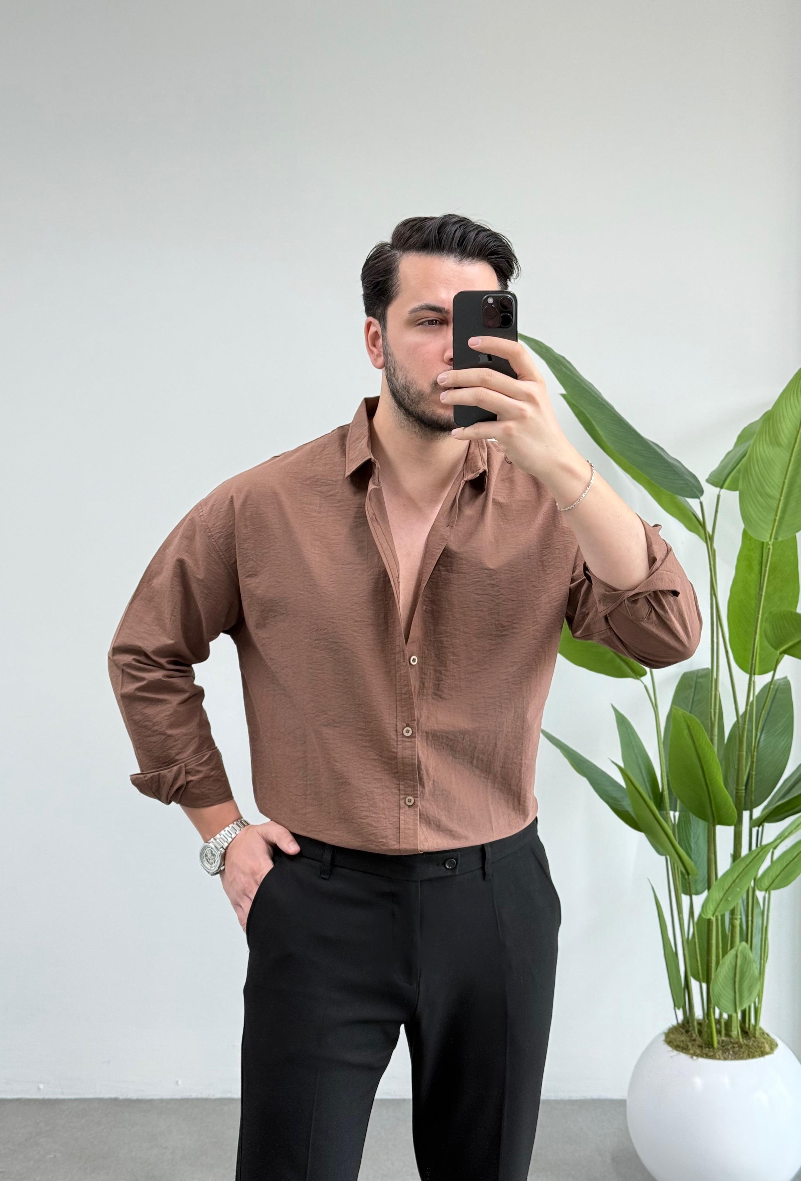 Dokulu Kahve Modal Oversize Gömlek 