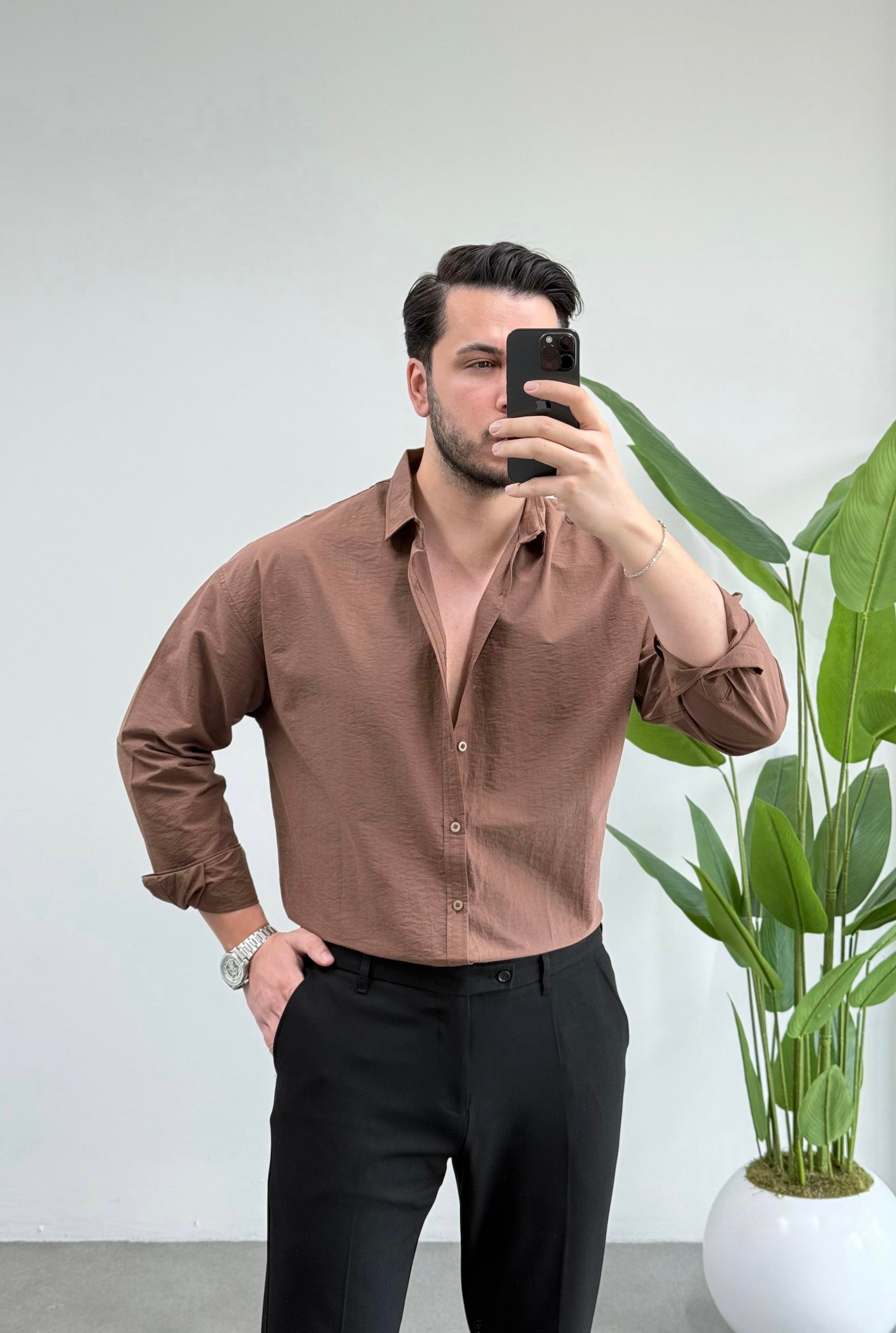Dokulu Kahve Modal Oversize Gömlek 