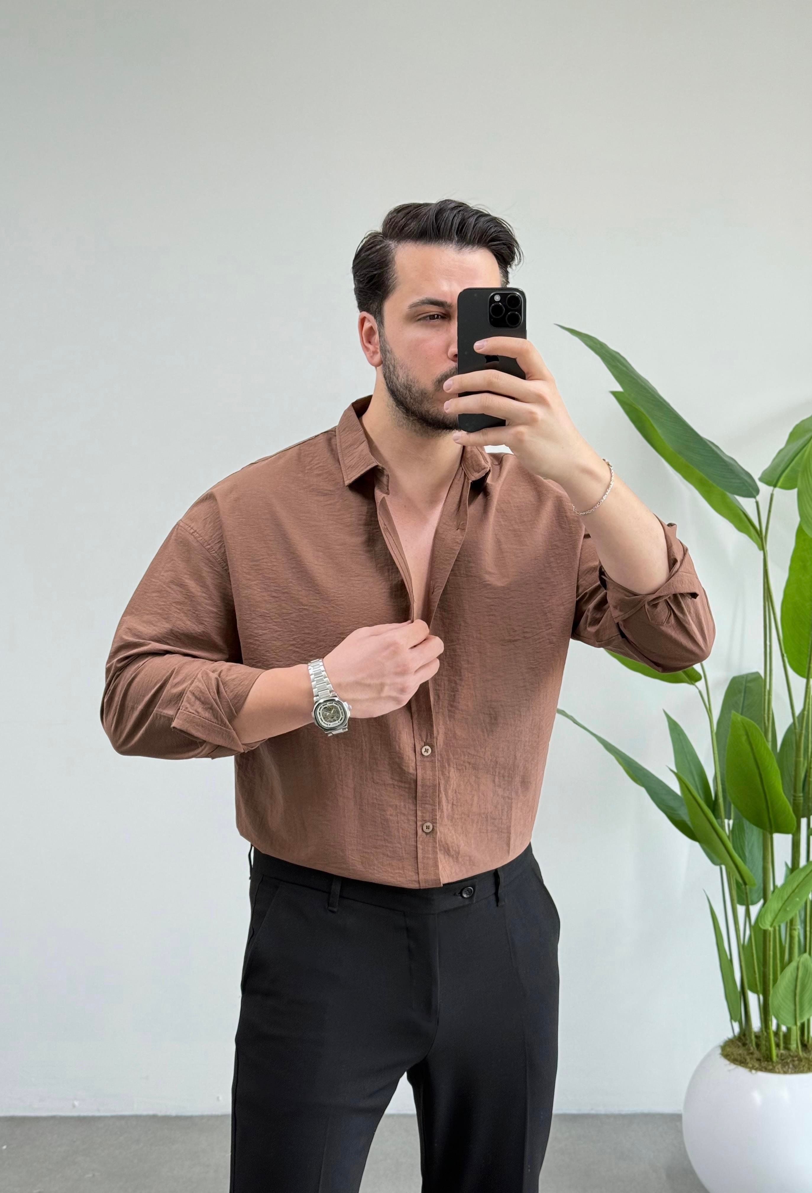Dokulu Kahve Modal Oversize Gömlek 
