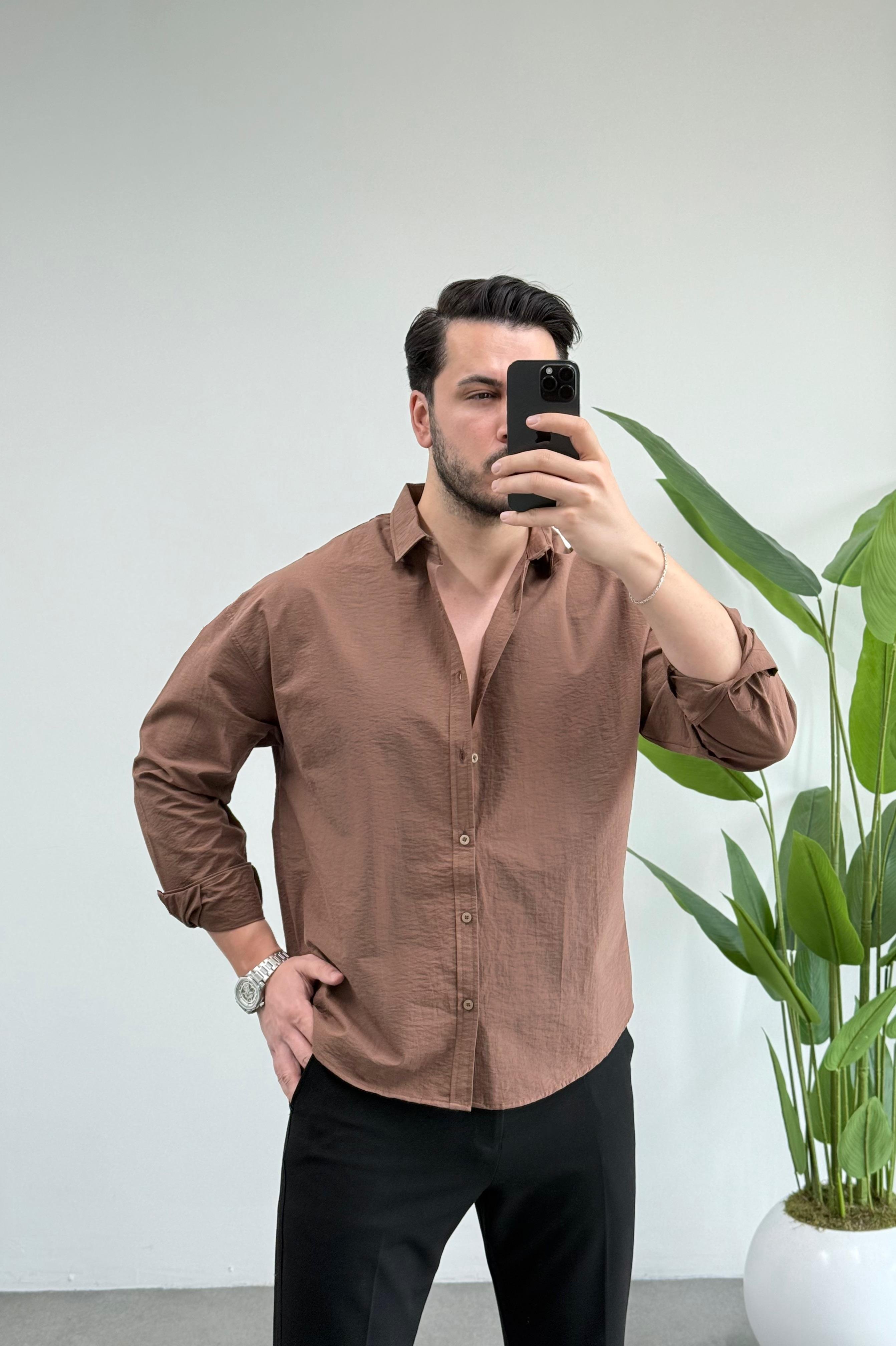 Dokulu Kahve Modal Oversize Gömlek 