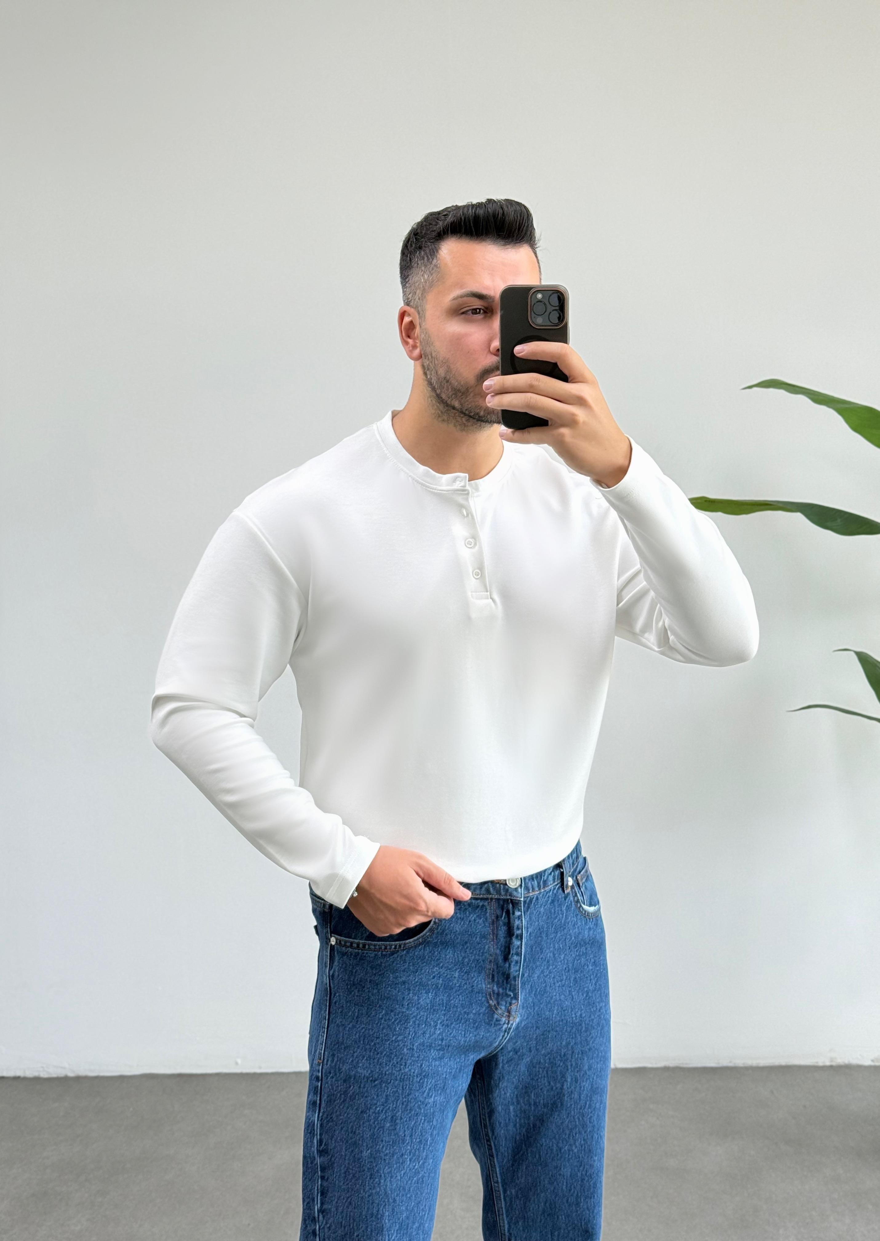 Dokulu Oysho Yaka Düğmeli Beyaz Sweat