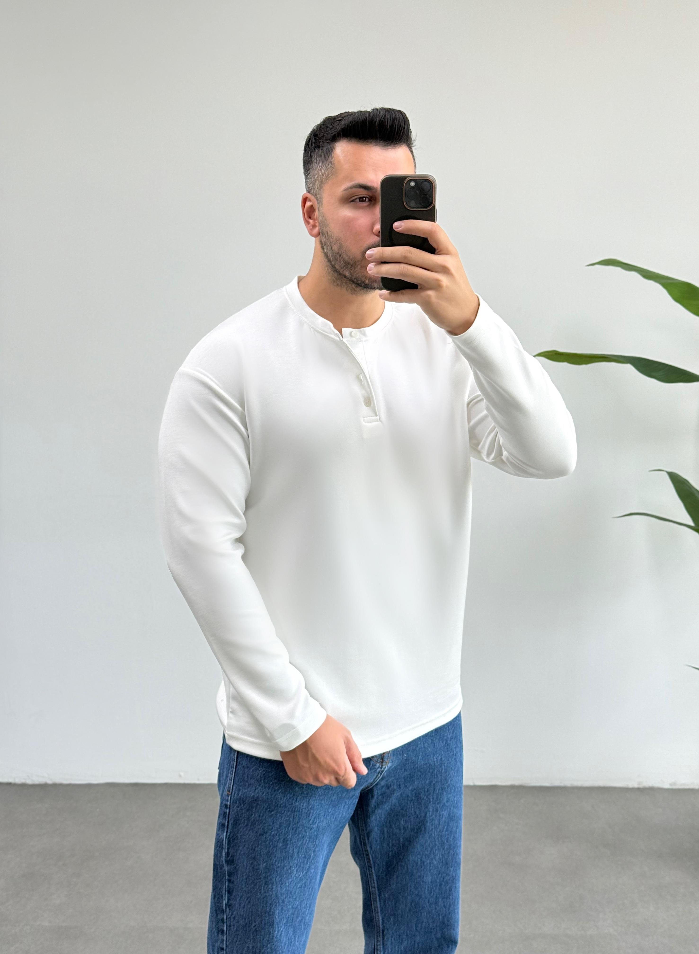 Dokulu Oysho Yaka Düğmeli Beyaz Sweat