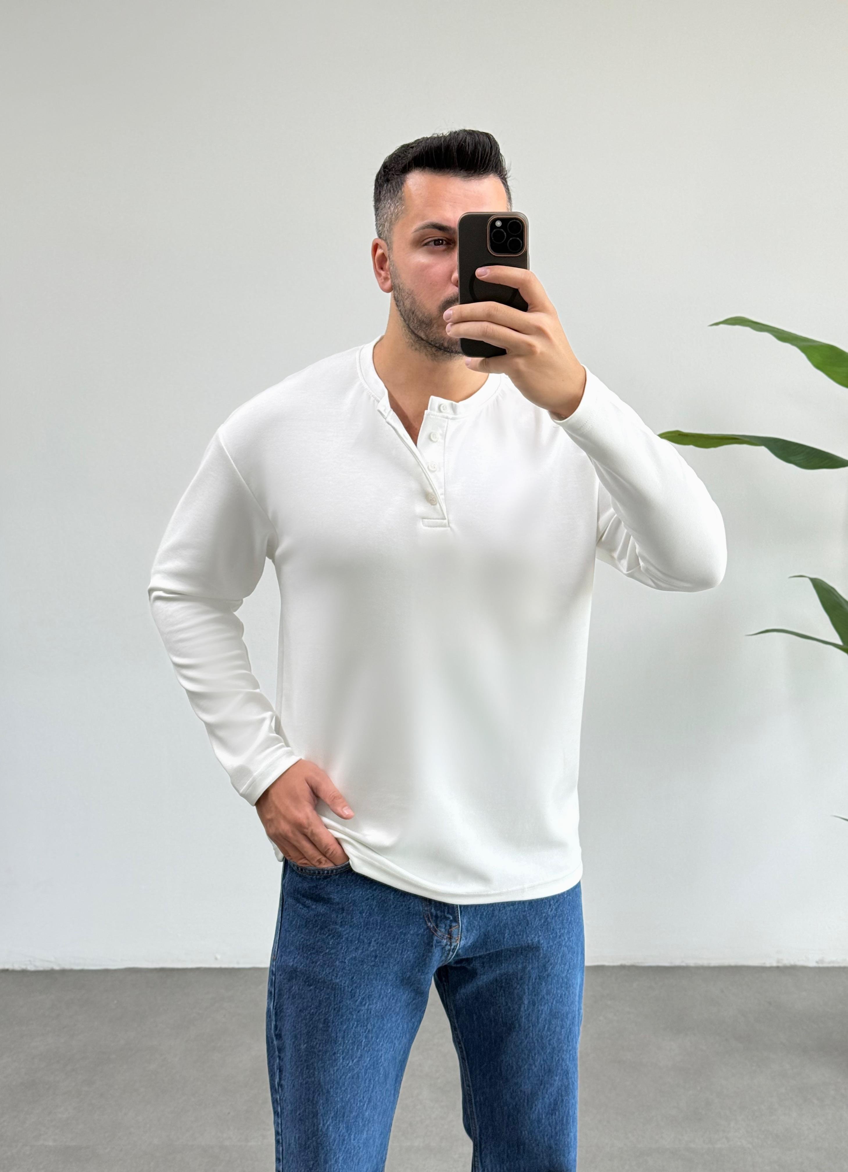 Dokulu Oysho Yaka Düğmeli Beyaz Sweat