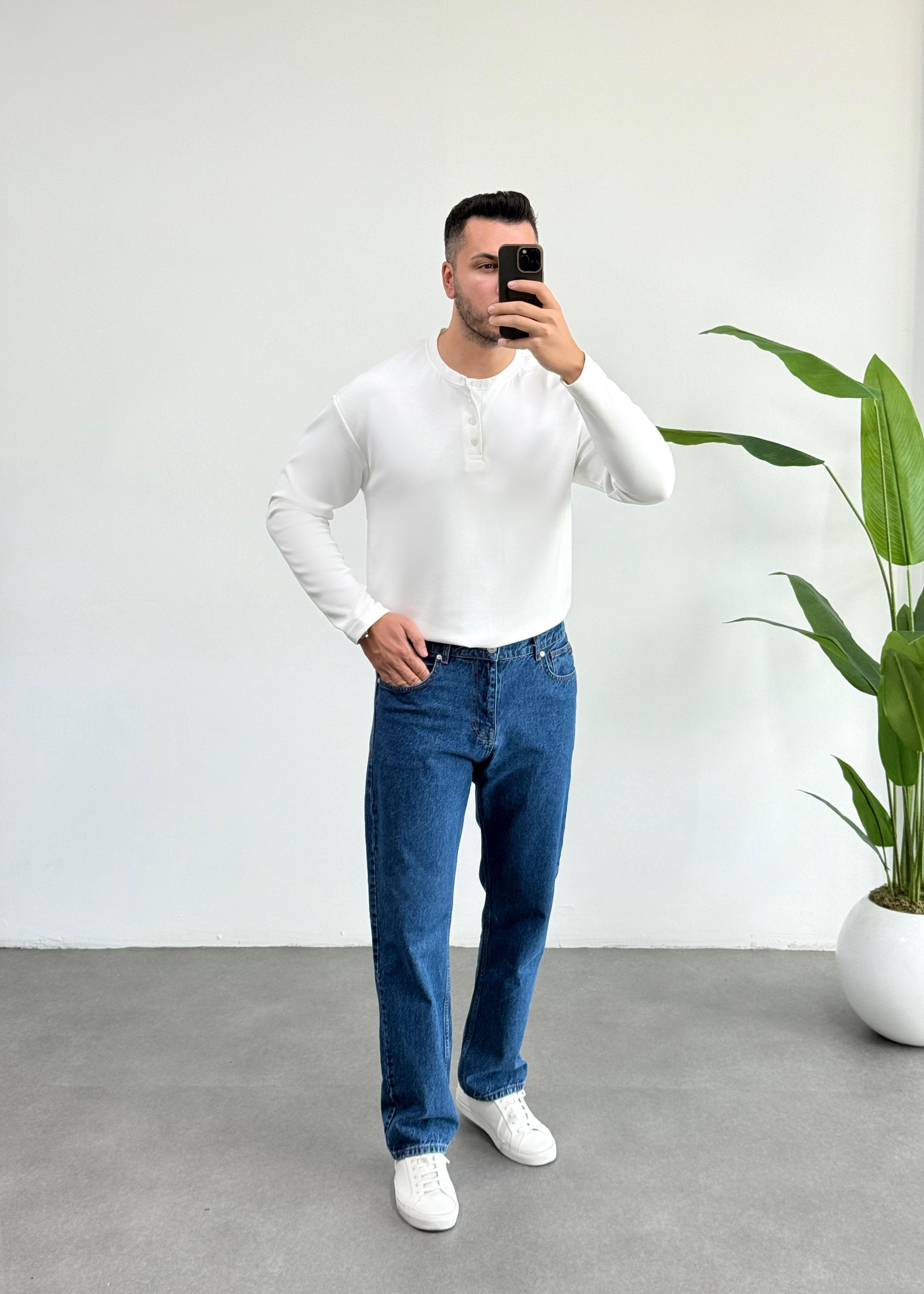 Dokulu Oysho Yaka Düğmeli Beyaz Sweat