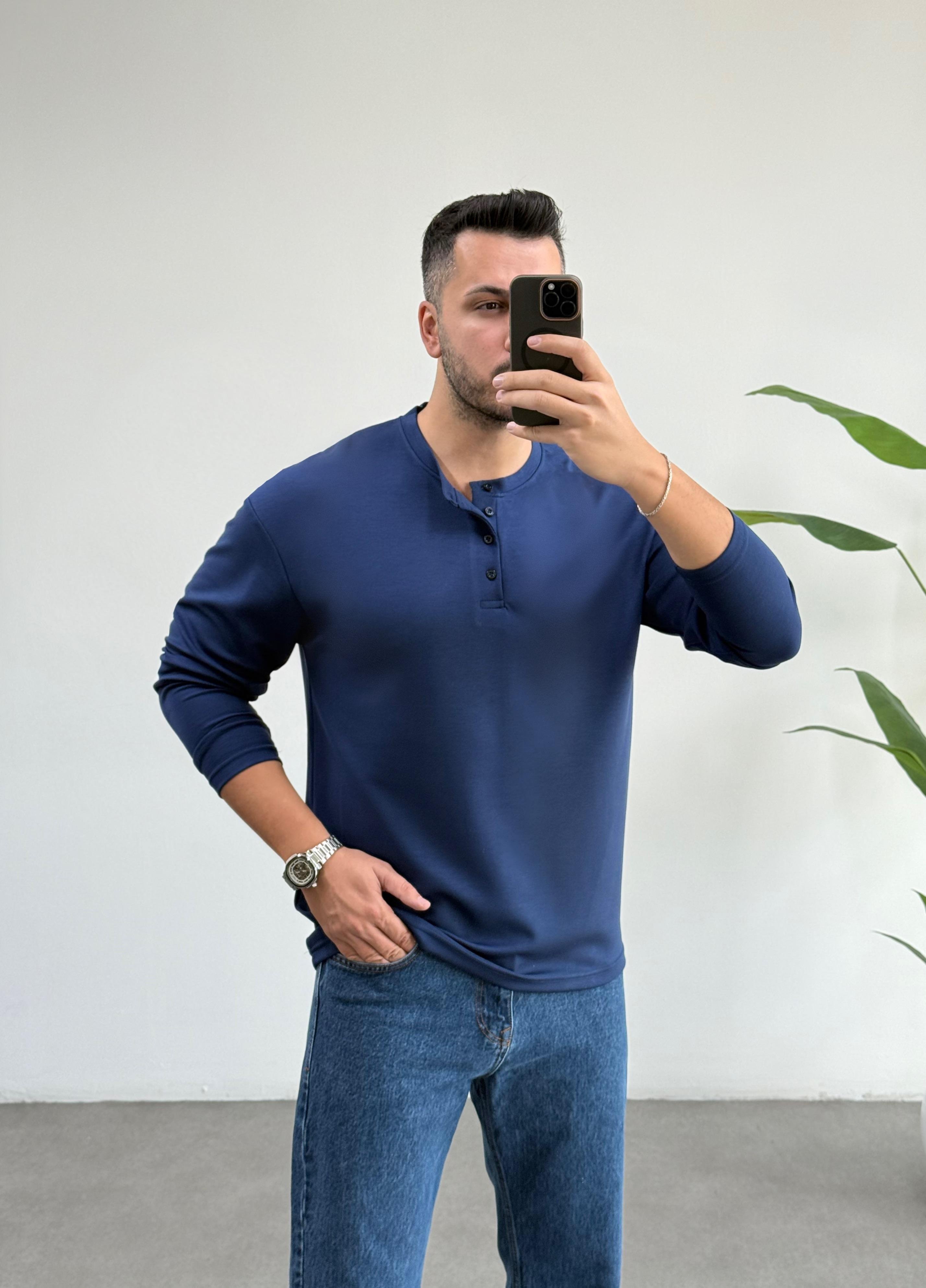 Dokulu Oysho Yaka Düğmeli Lacivert Sweat